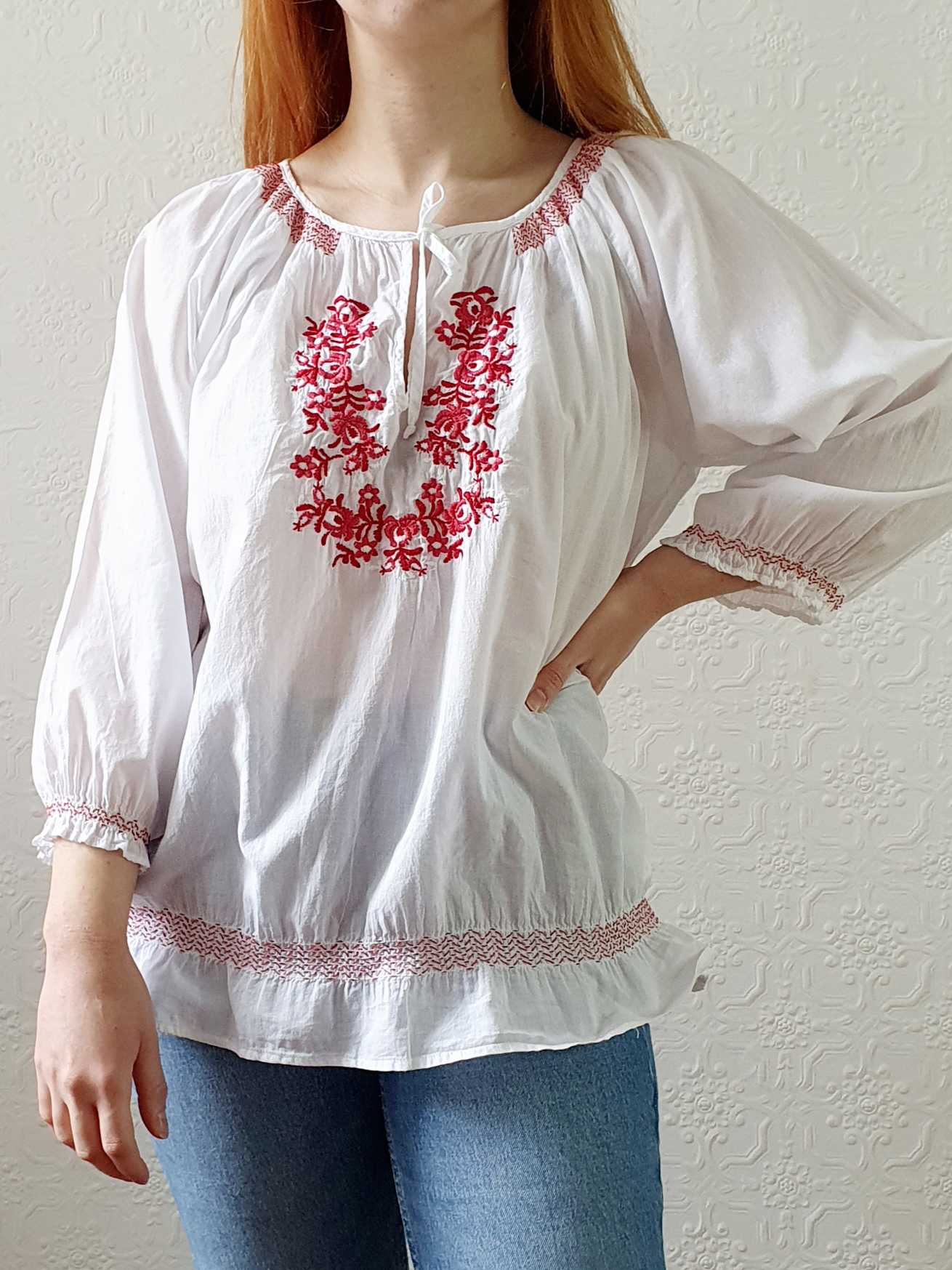 Vintage White Cotton Embroidered Folk Blouse - M/L - Image 7