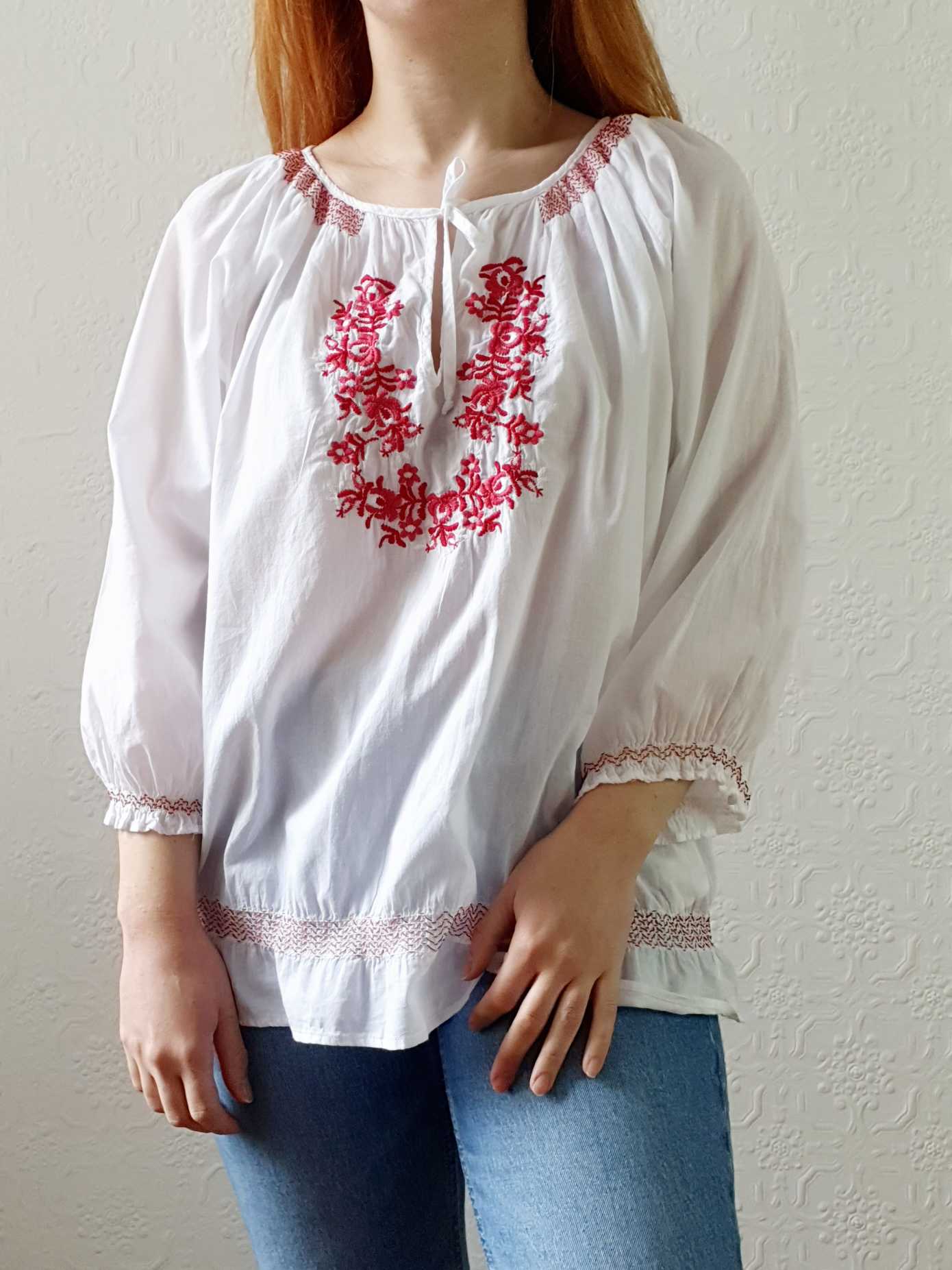 Vintage White Cotton Embroidered Folk Blouse - M/L - Image 8