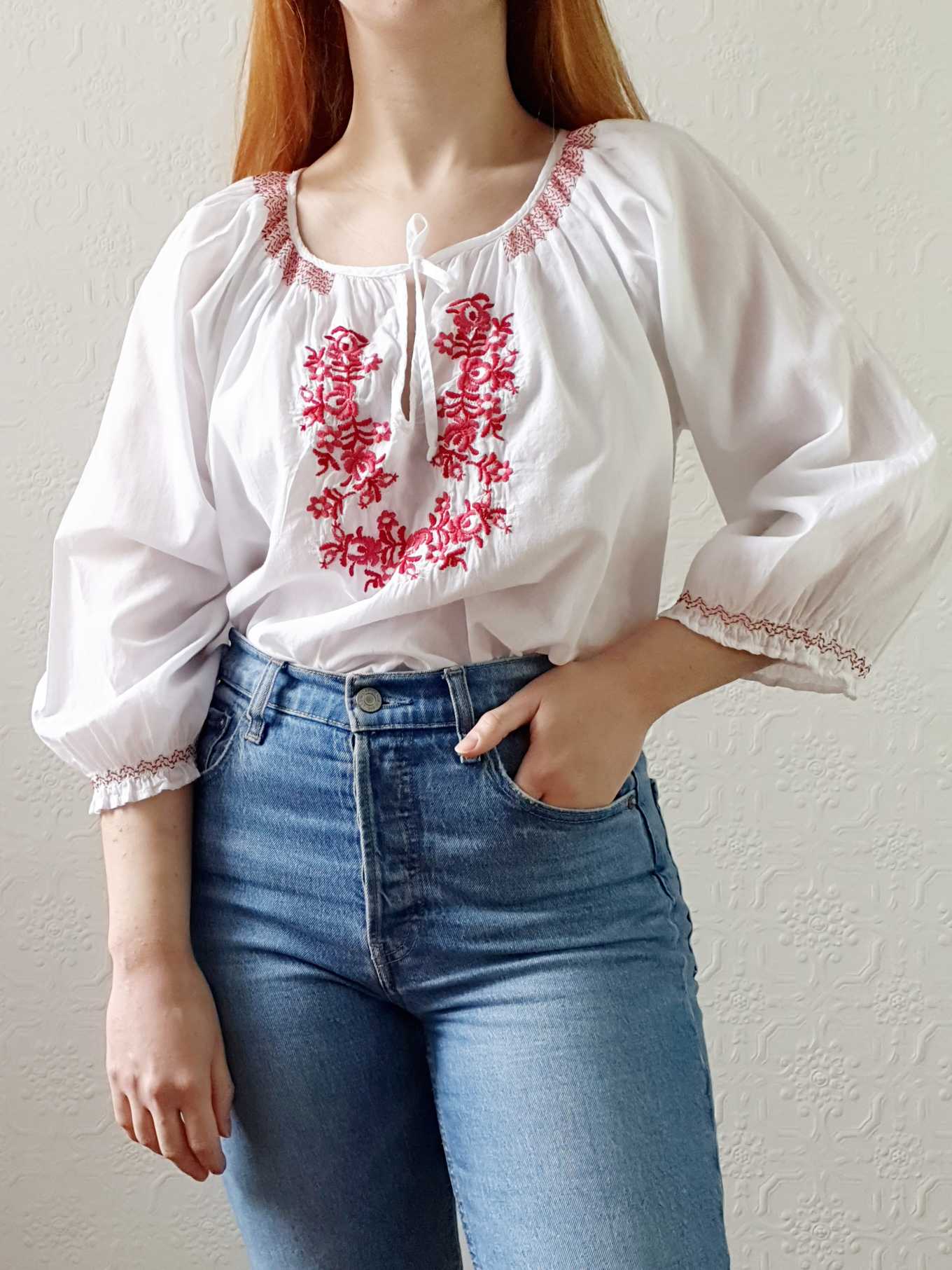 Vintage White Cotton Embroidered Folk Blouse - M/L - Image 9