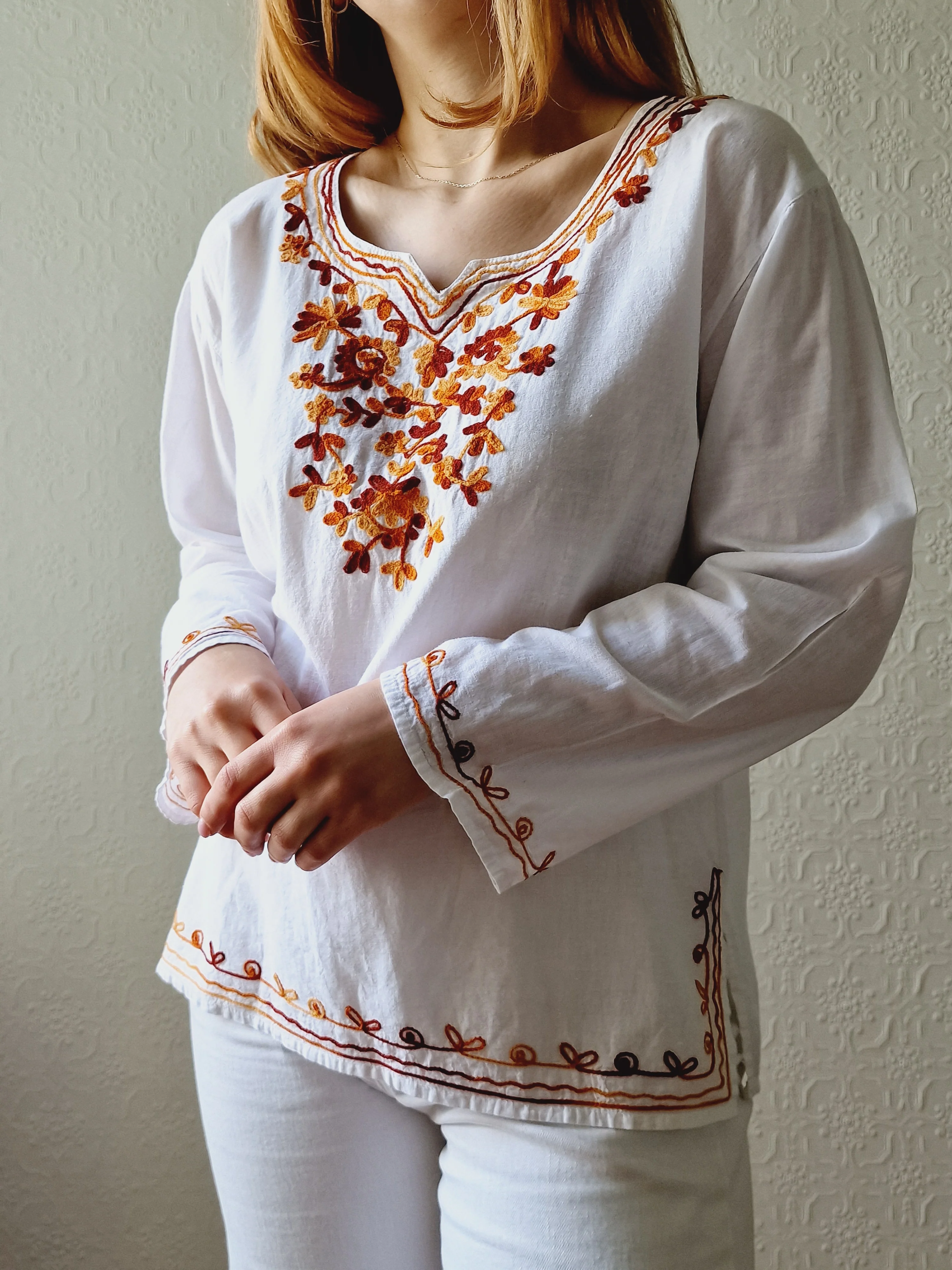 Vintage White Cotton Embroidered Folk Blouse - S - Image 3