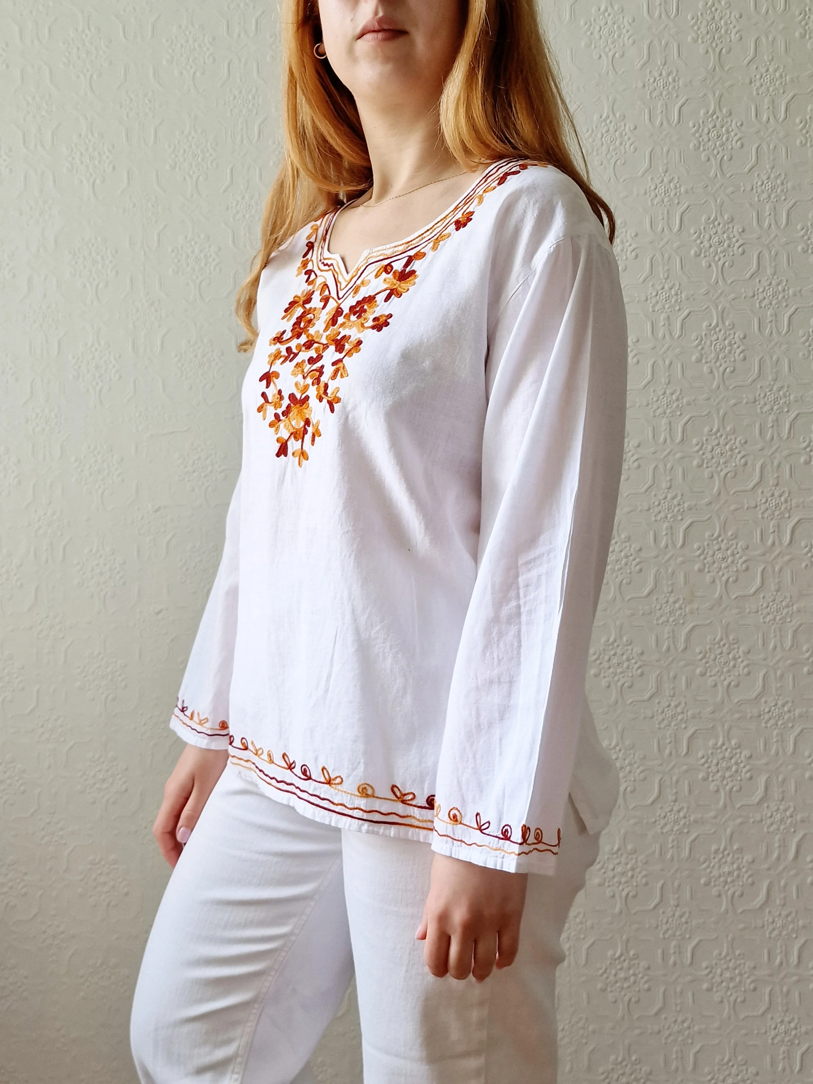 Vintage White Cotton Embroidered Folk Blouse - S - Image 4