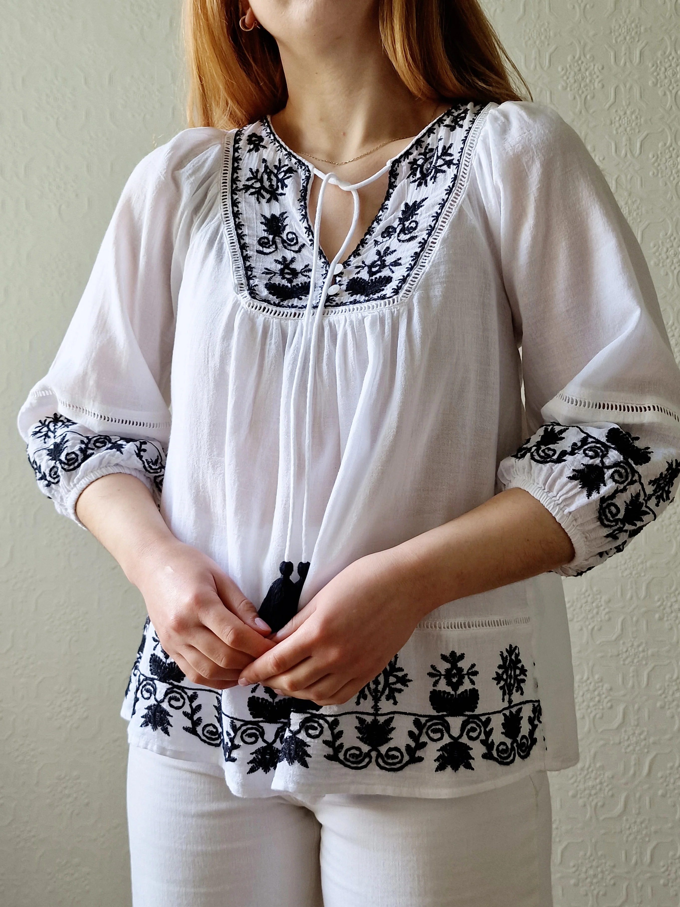 Vintage White Cotton Folk Blouse with Black Embroidery - S/M - Image 2