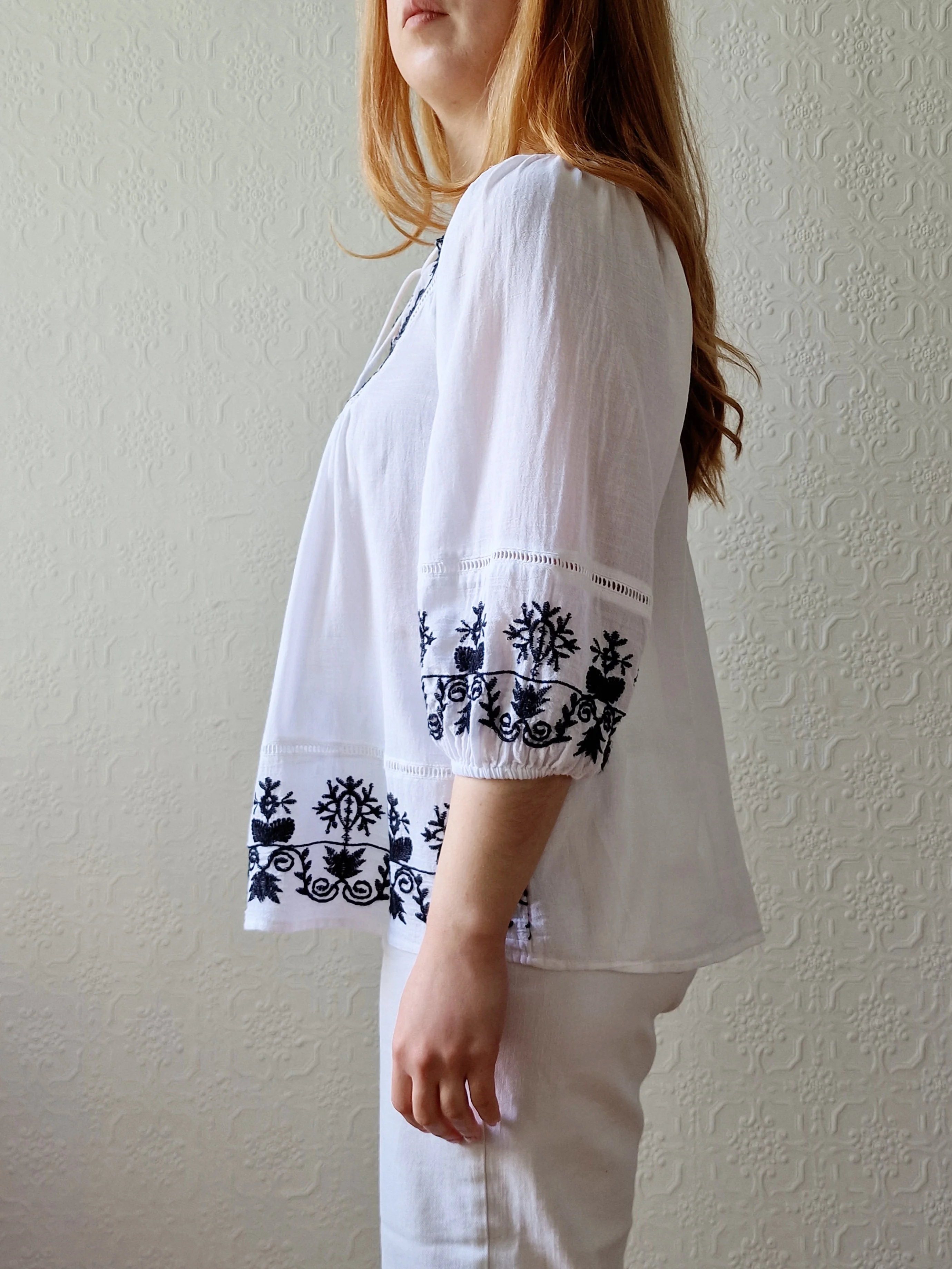 Vintage White Cotton Folk Blouse with Black Embroidery - S/M - Image 3