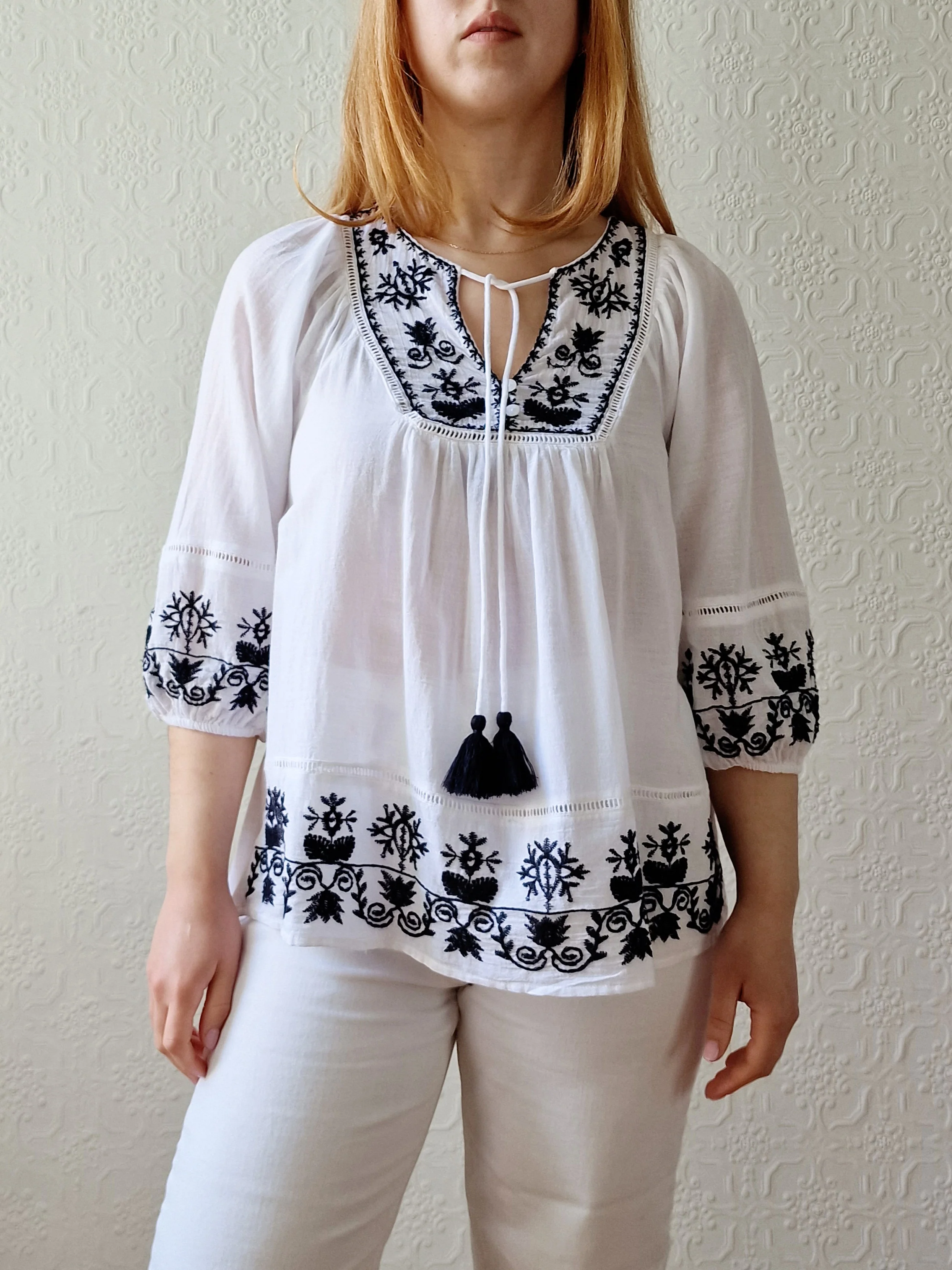 Vintage White Cotton Folk Blouse with Black Embroidery - S/M - Image 4
