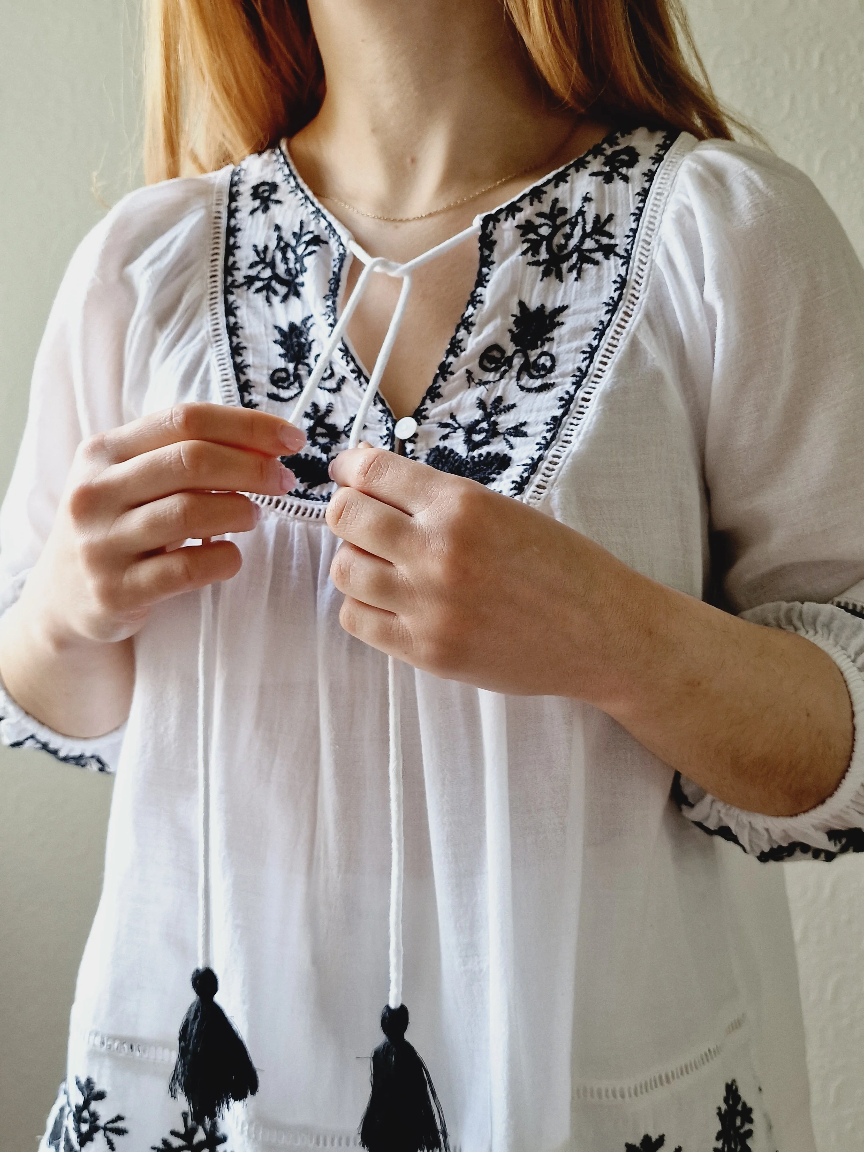 Vintage White Cotton Folk Blouse with Black Embroidery - S/M - Image 6