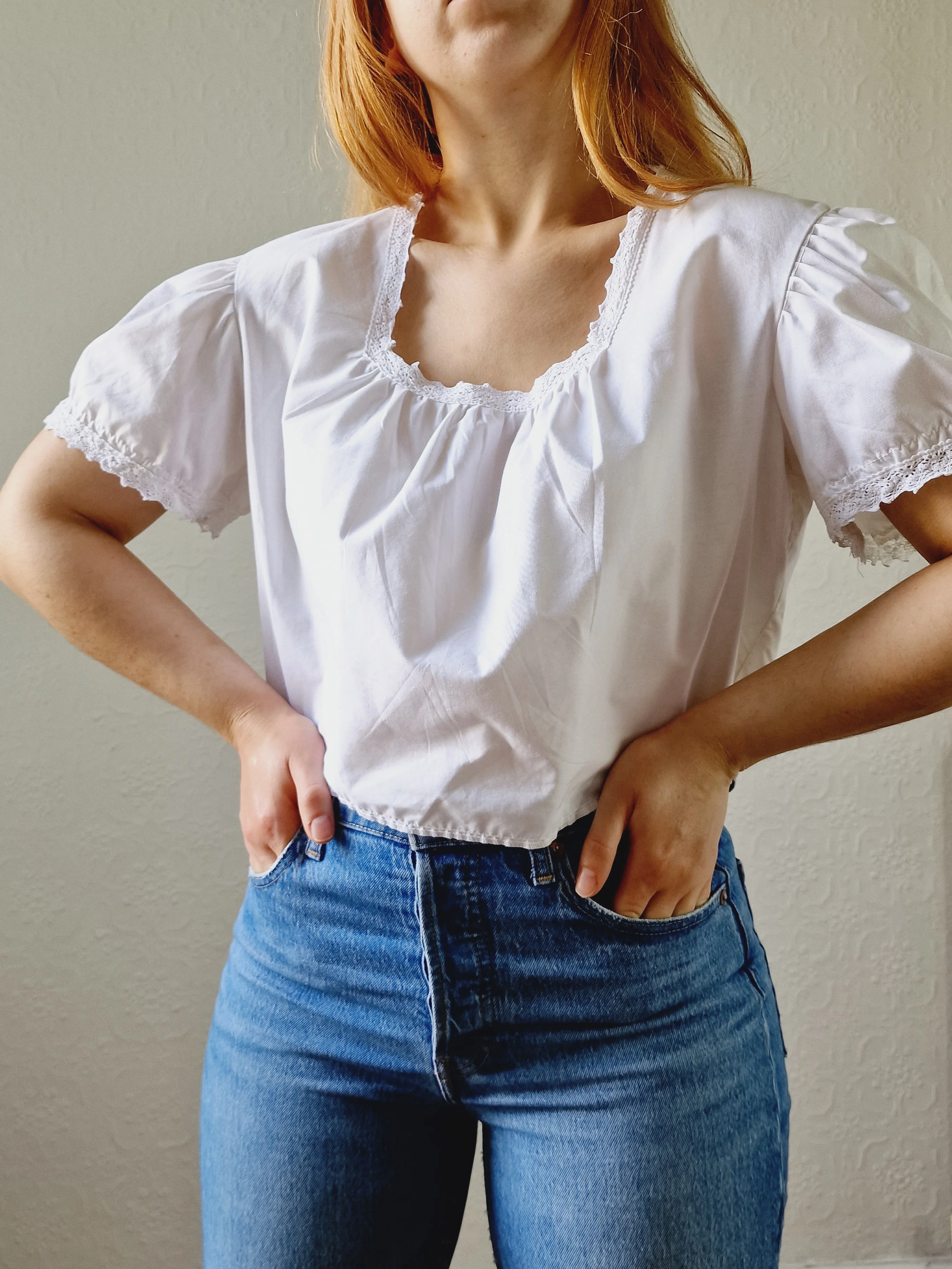 Vintage White Cotton Lacy Blouse with Square Neckline and Puff Sleeves - M/L - Image 4