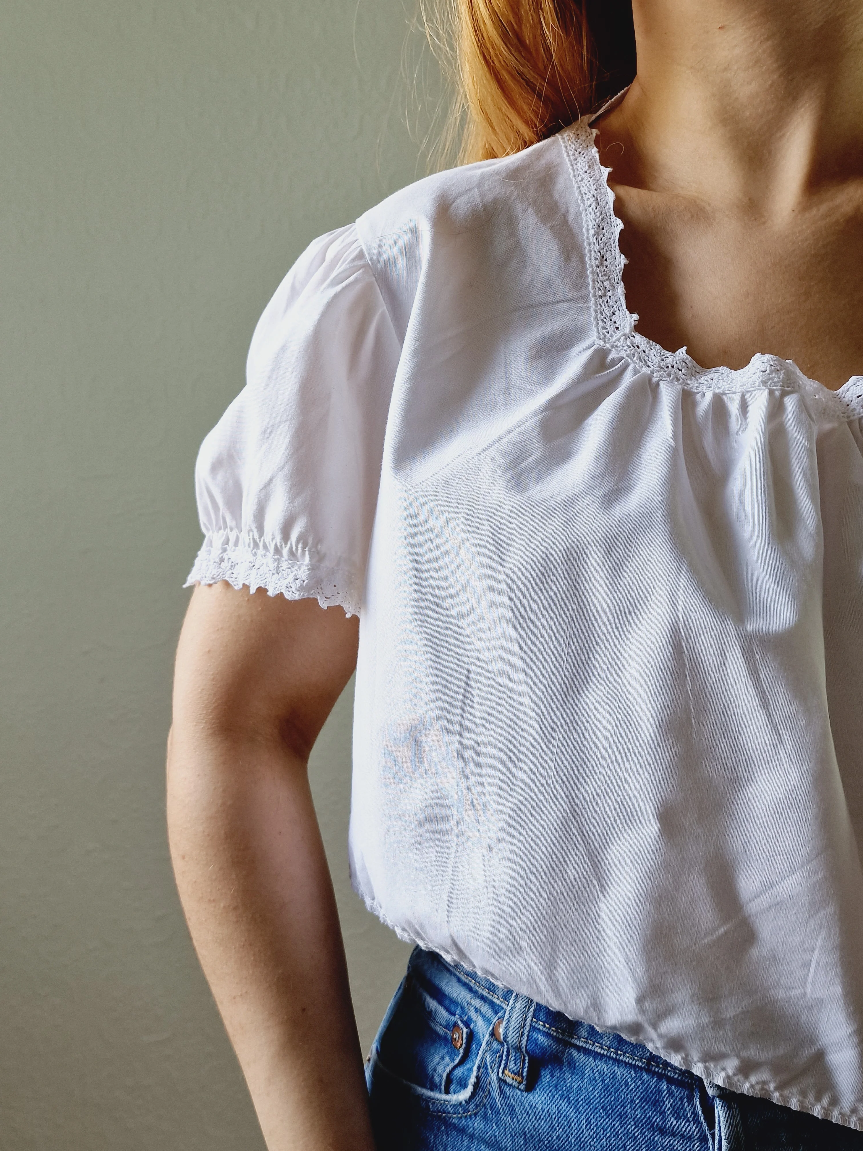 Vintage White Cotton Lacy Blouse with Square Neckline and Puff Sleeves - M/L - Image 6
