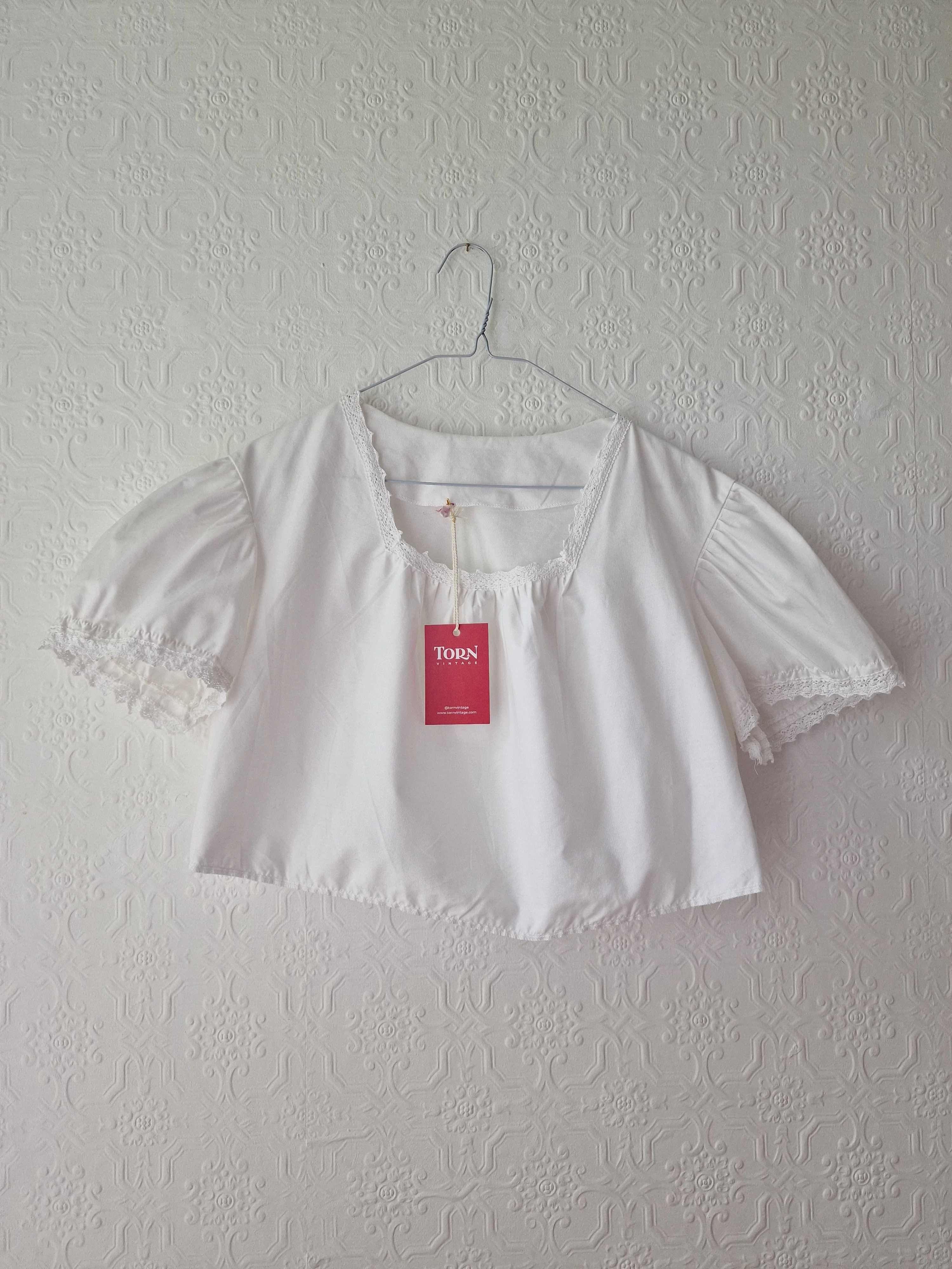 Vintage White Cotton Lacy Blouse with Square Neckline and Puff Sleeves - M/L - Image 7