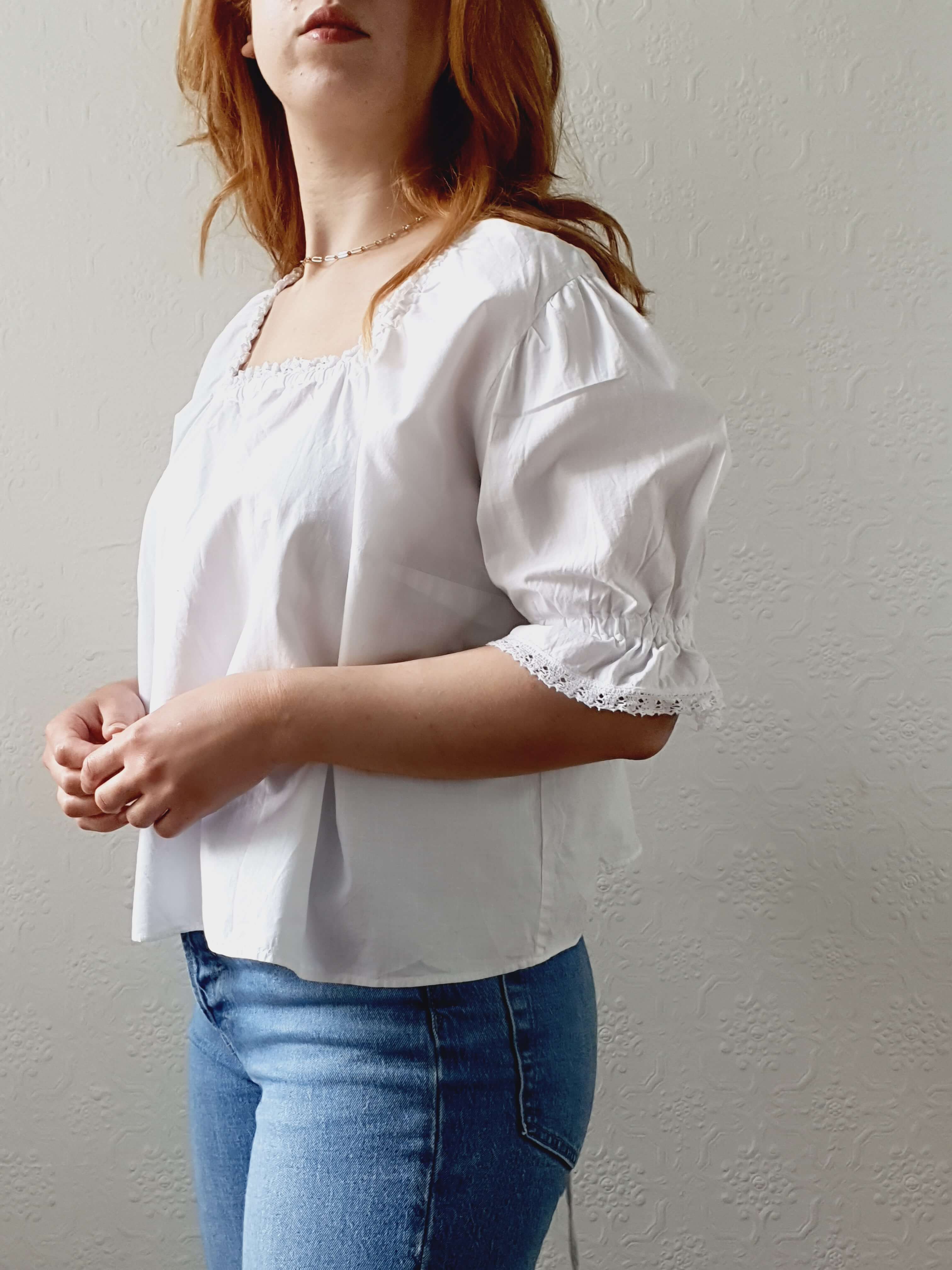 Vintage White Cotton Lacy Blouse with Square Neckline and Puff Sleeves - L - Image 10