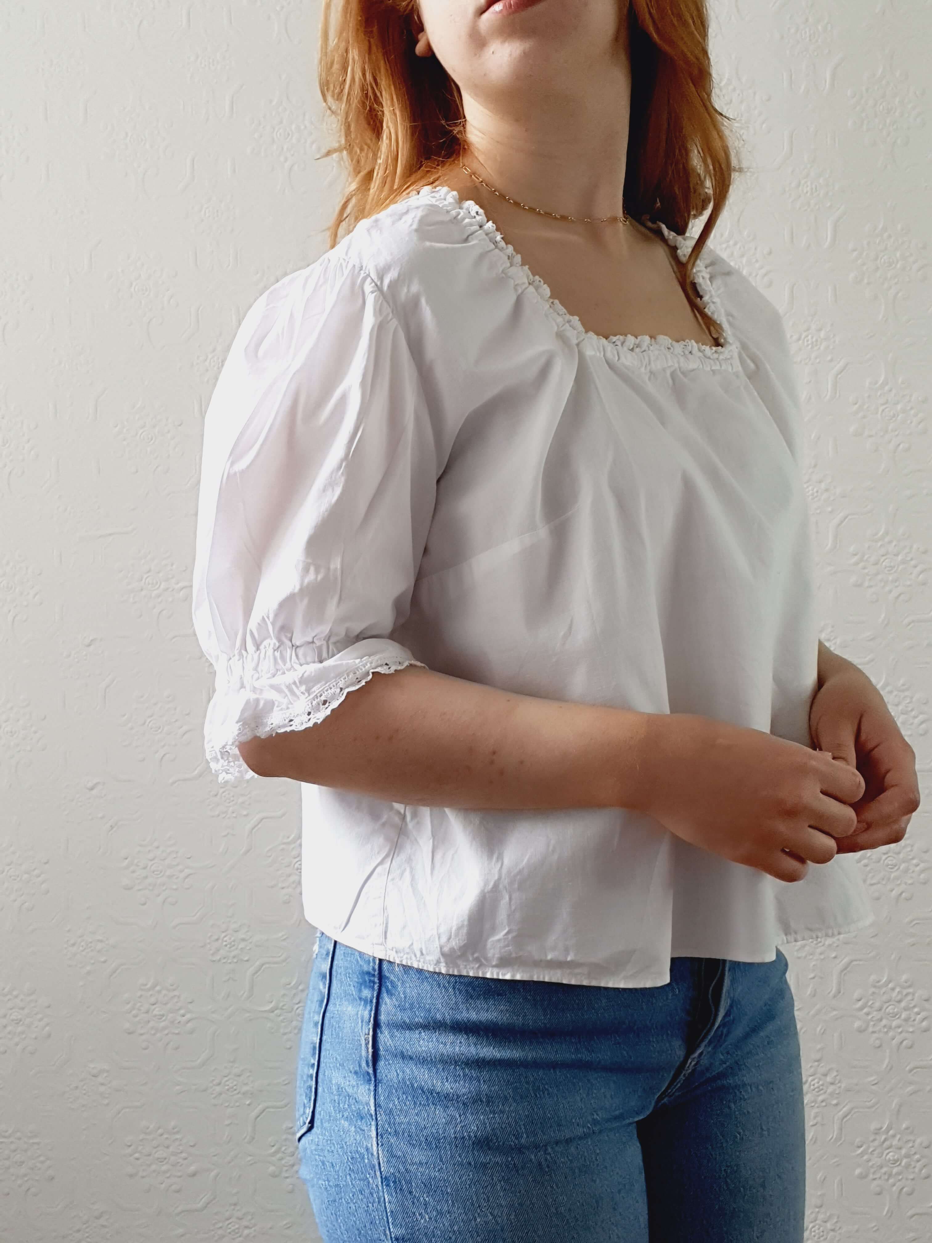 Vintage White Cotton Lacy Blouse with Square Neckline and Puff Sleeves - L - Image 12