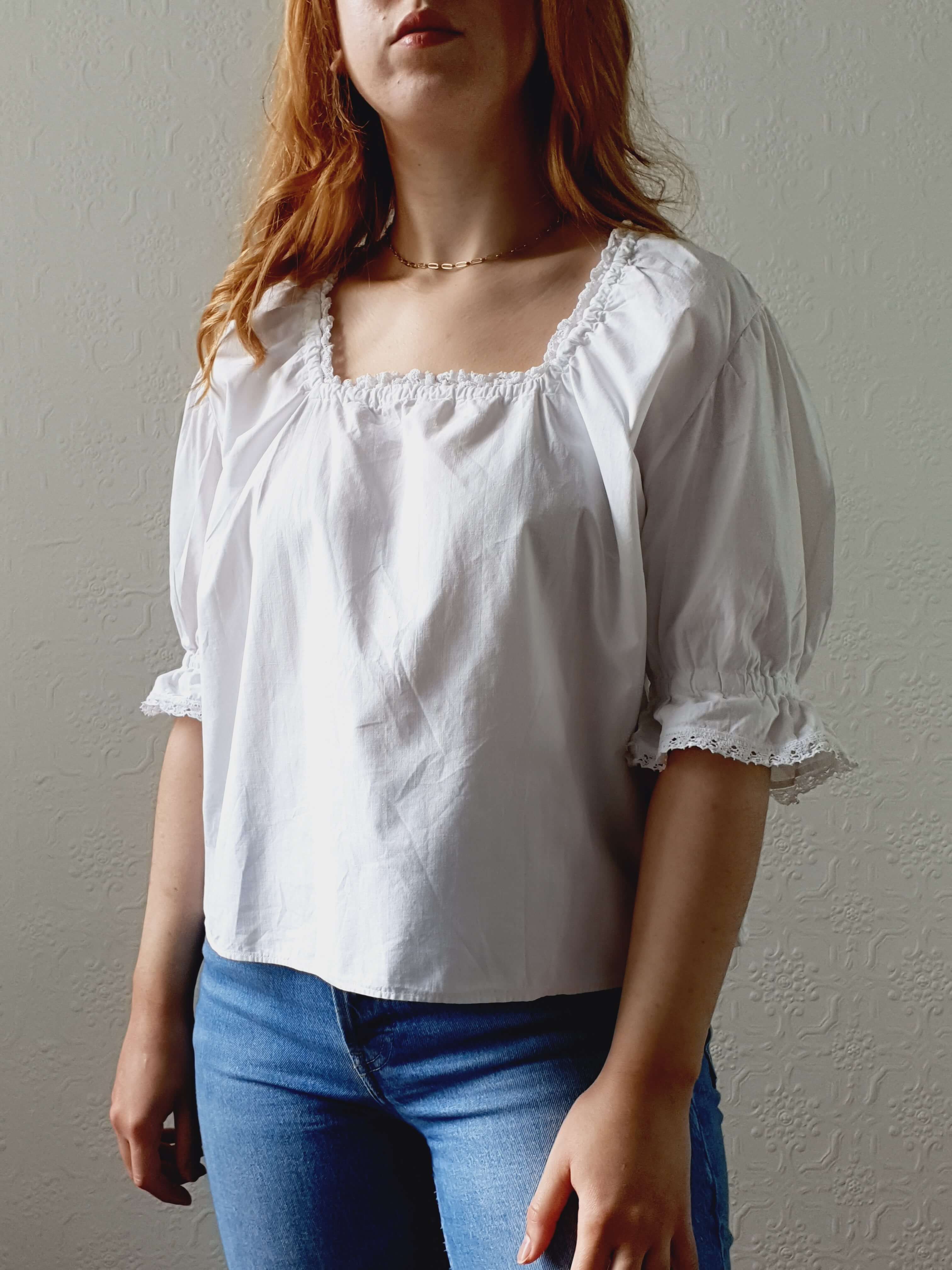 Vintage White Cotton Lacy Blouse with Square Neckline and Puff Sleeves - L - Image 2
