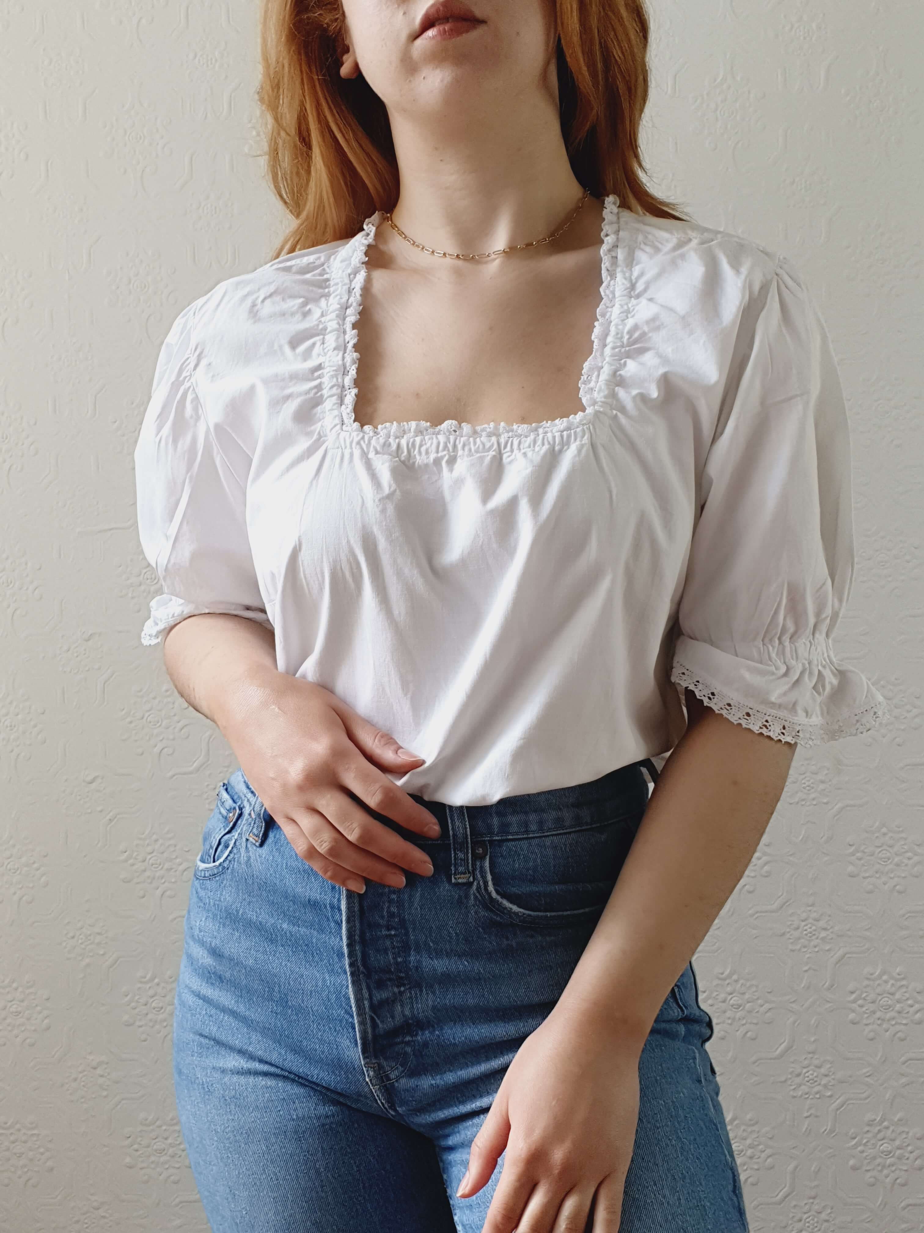 Vintage White Cotton Lacy Blouse with Square Neckline and Puff Sleeves - L - Image 3