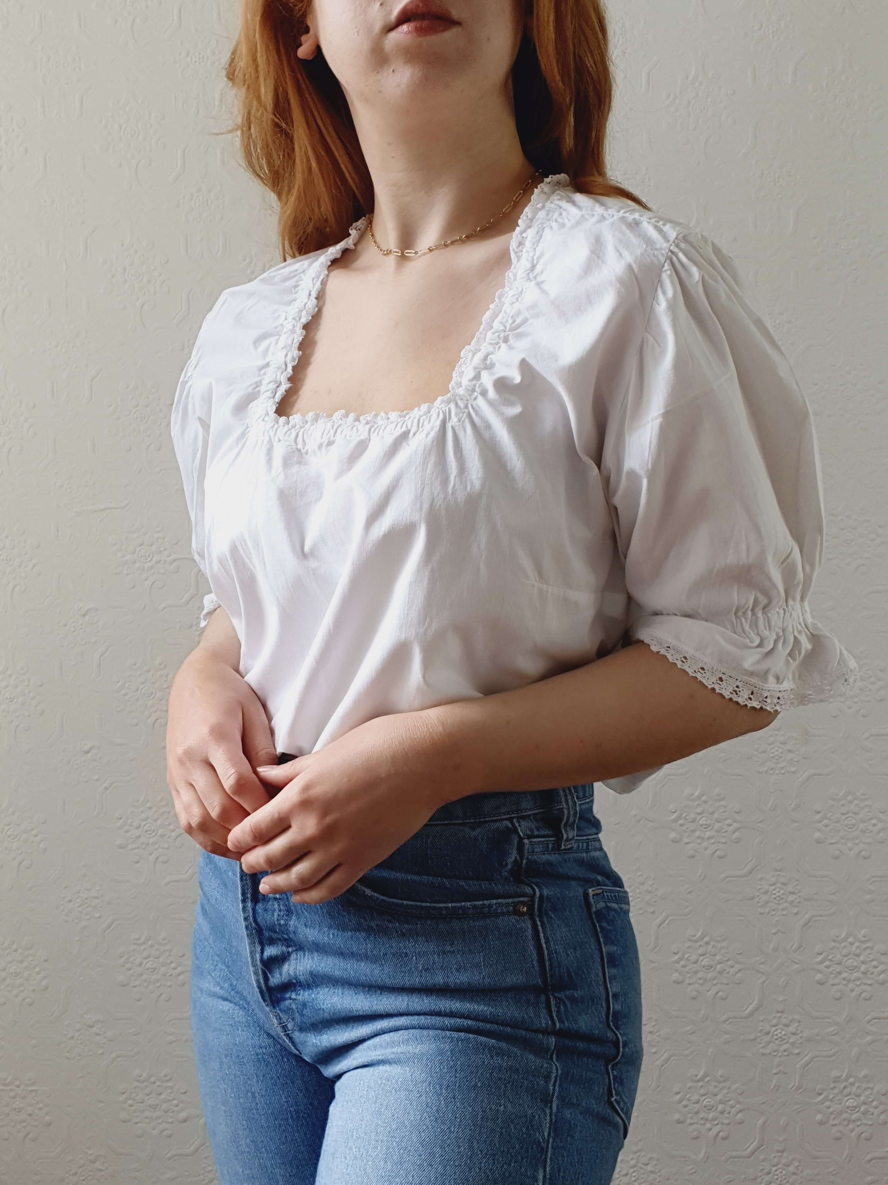 Vintage White Cotton Lacy Blouse with Square Neckline and Puff Sleeves - L - Image 4