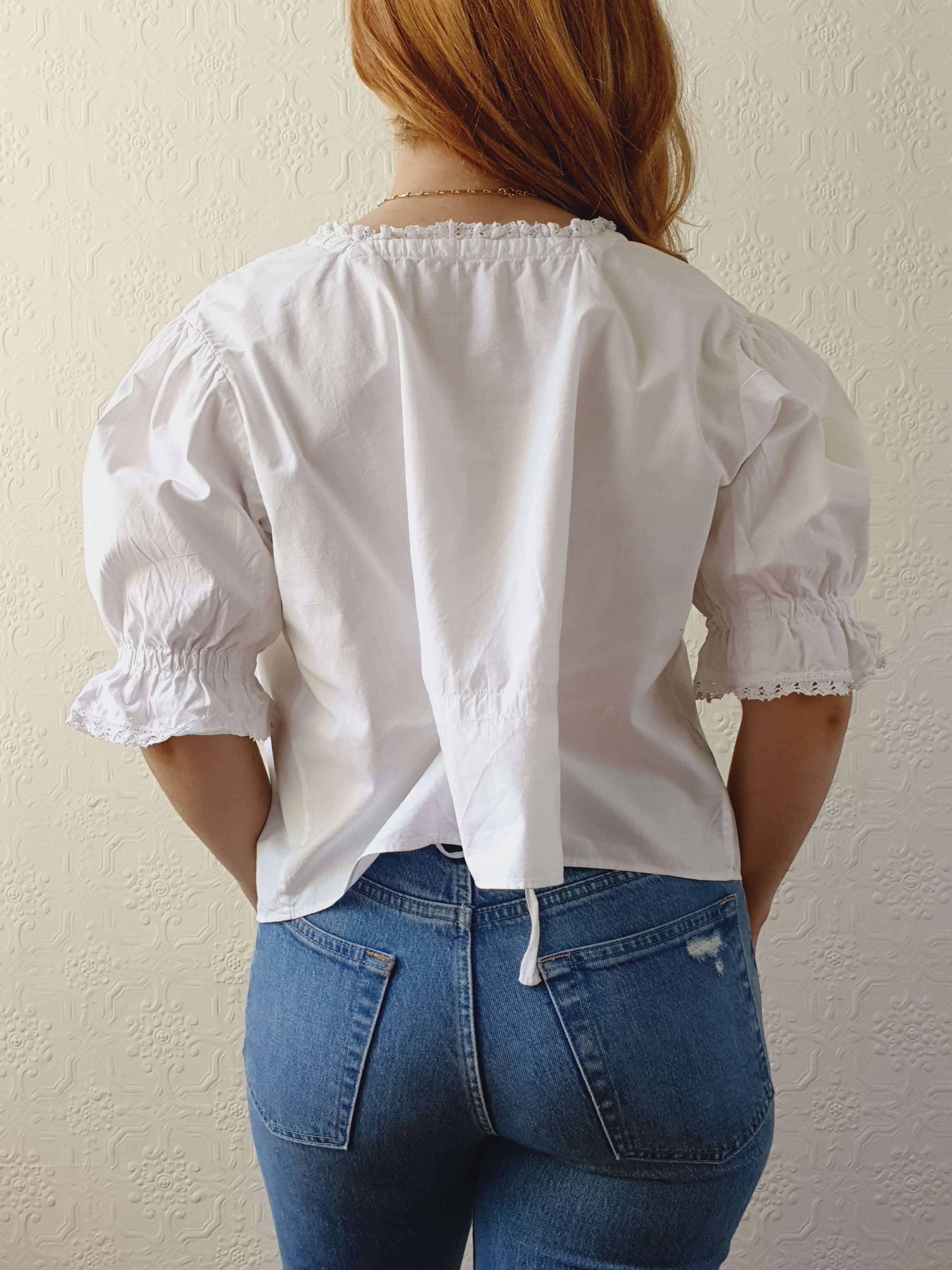 Vintage White Cotton Lacy Blouse with Square Neckline and Puff Sleeves - L - Image 5