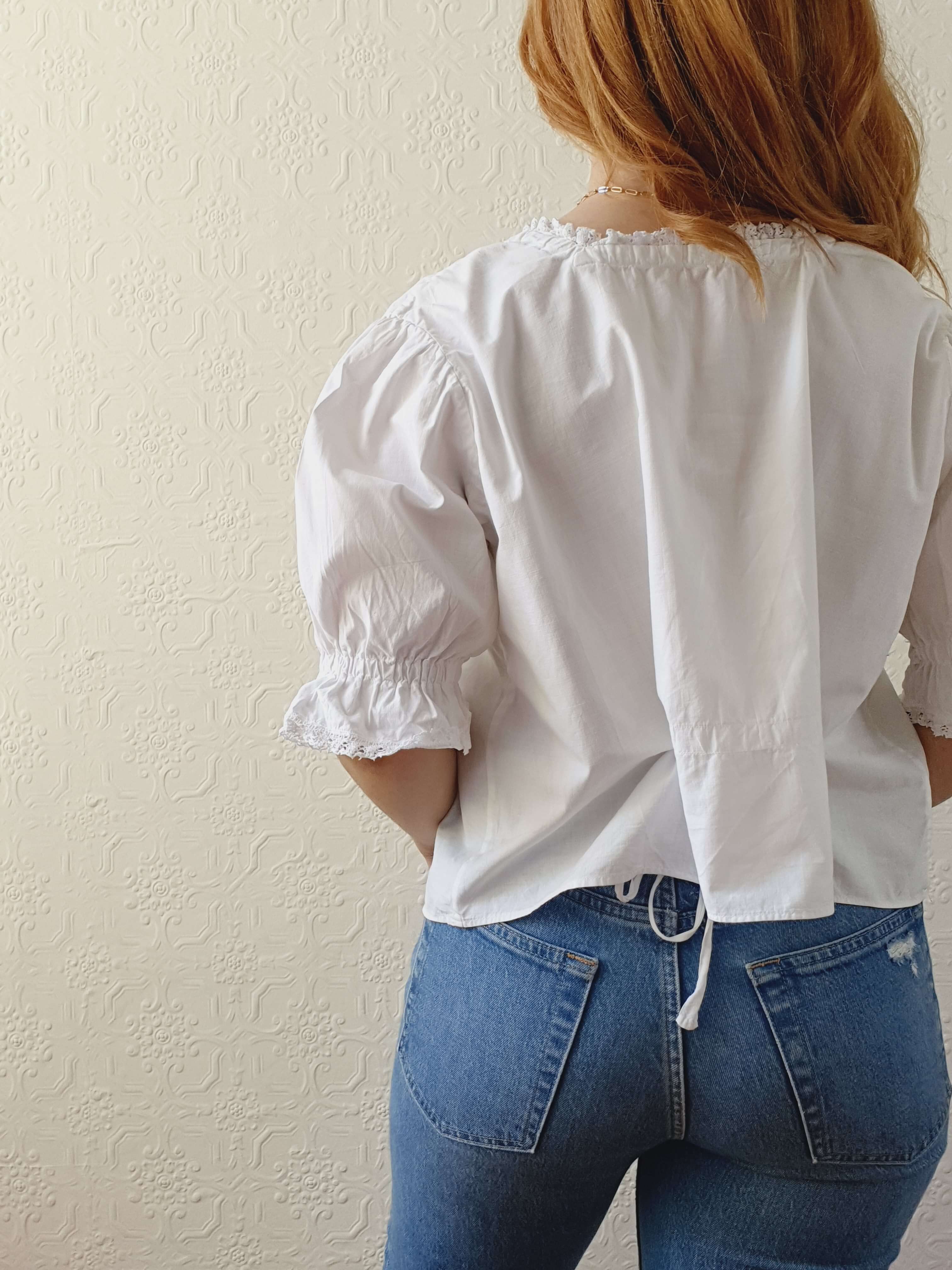 Vintage White Cotton Lacy Blouse with Square Neckline and Puff Sleeves - L - Image 6
