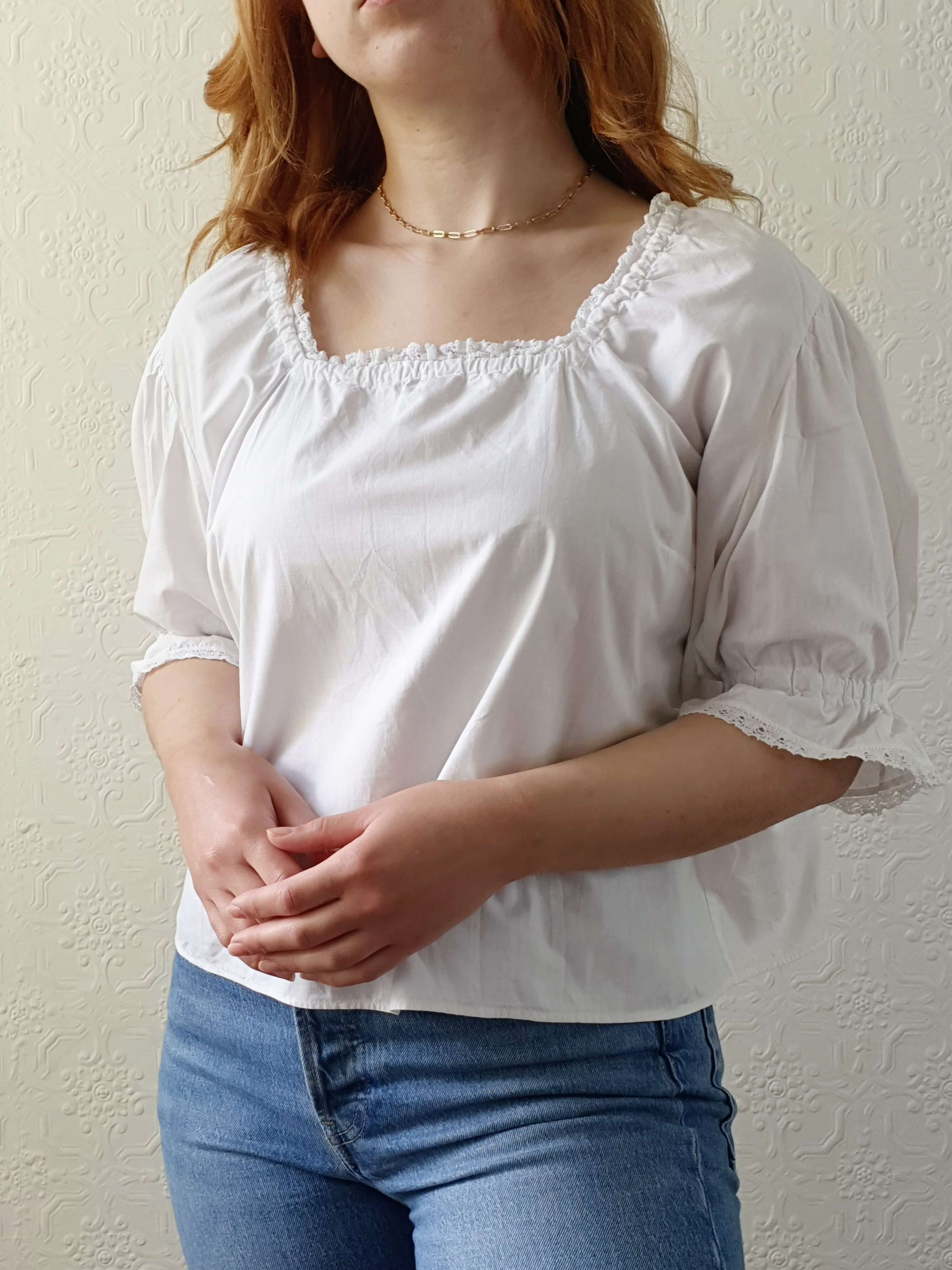 Vintage White Cotton Lacy Blouse with Square Neckline and Puff Sleeves - L - Image 7