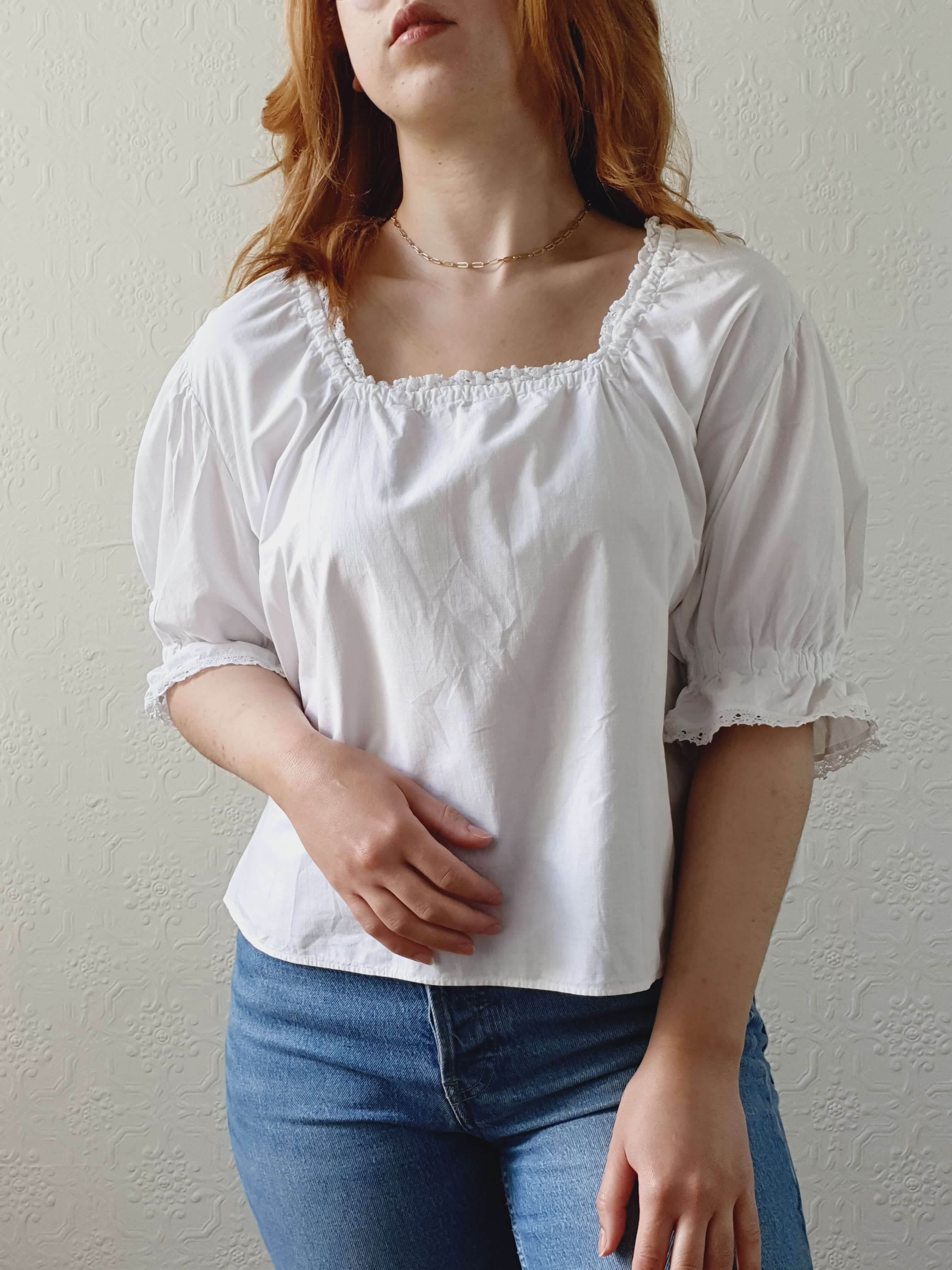 Vintage White Cotton Lacy Blouse with Square Neckline and Puff Sleeves - L - Image 8