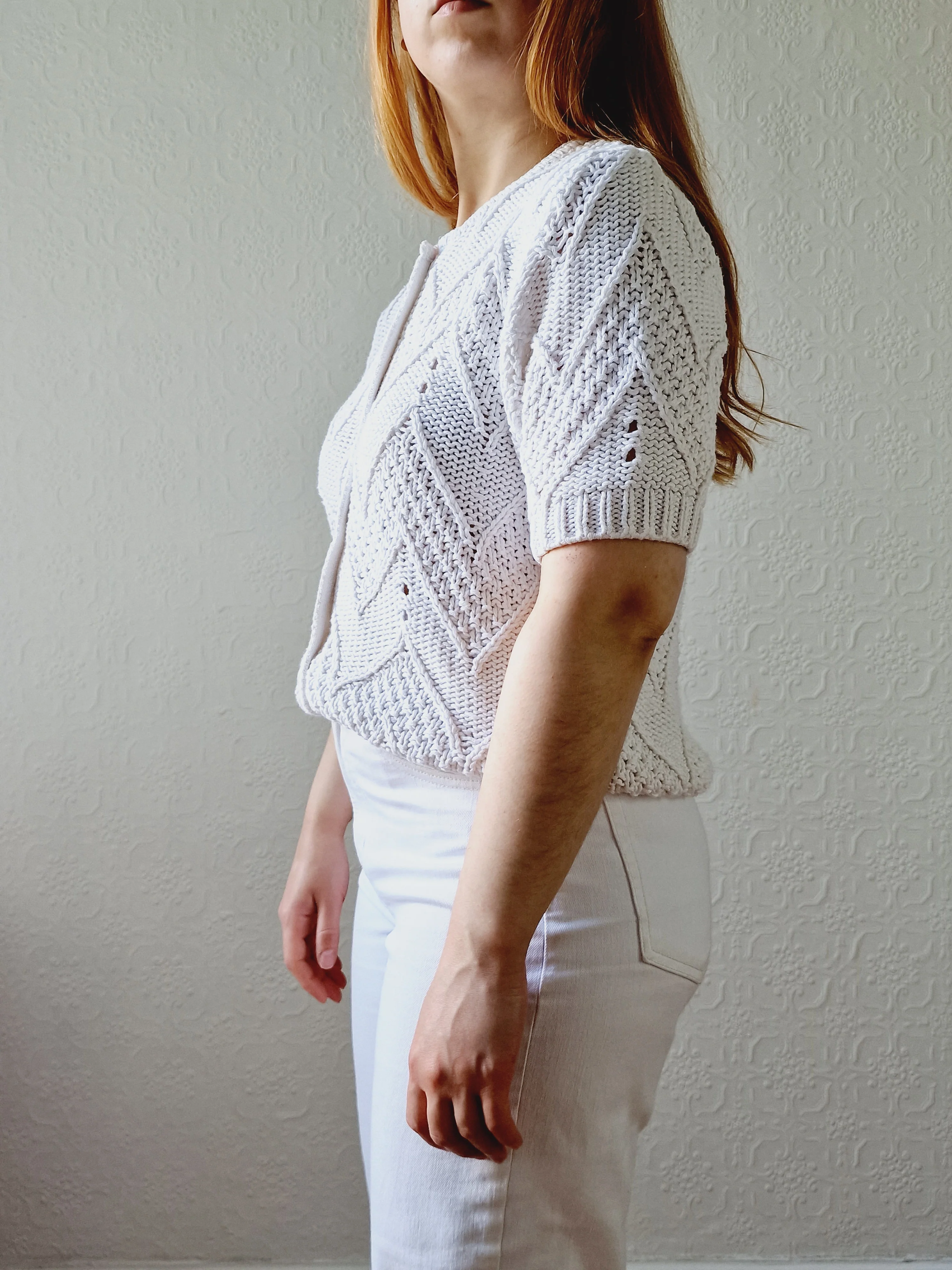 Vintage White Cotton Knitted Cardigan with Short Sleeves - M - Image 3