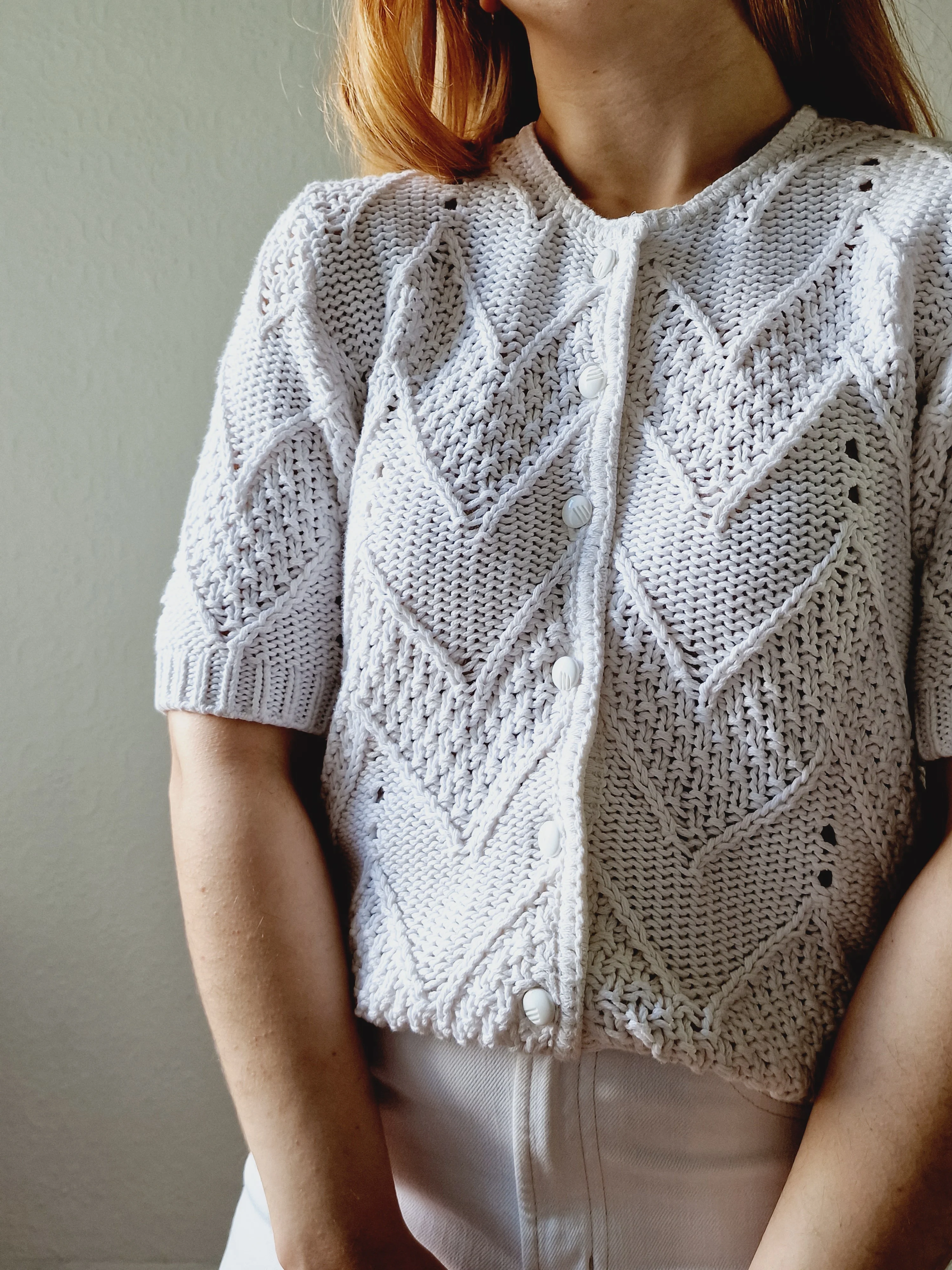 Vintage White Cotton Knitted Cardigan with Short Sleeves - M - Image 4