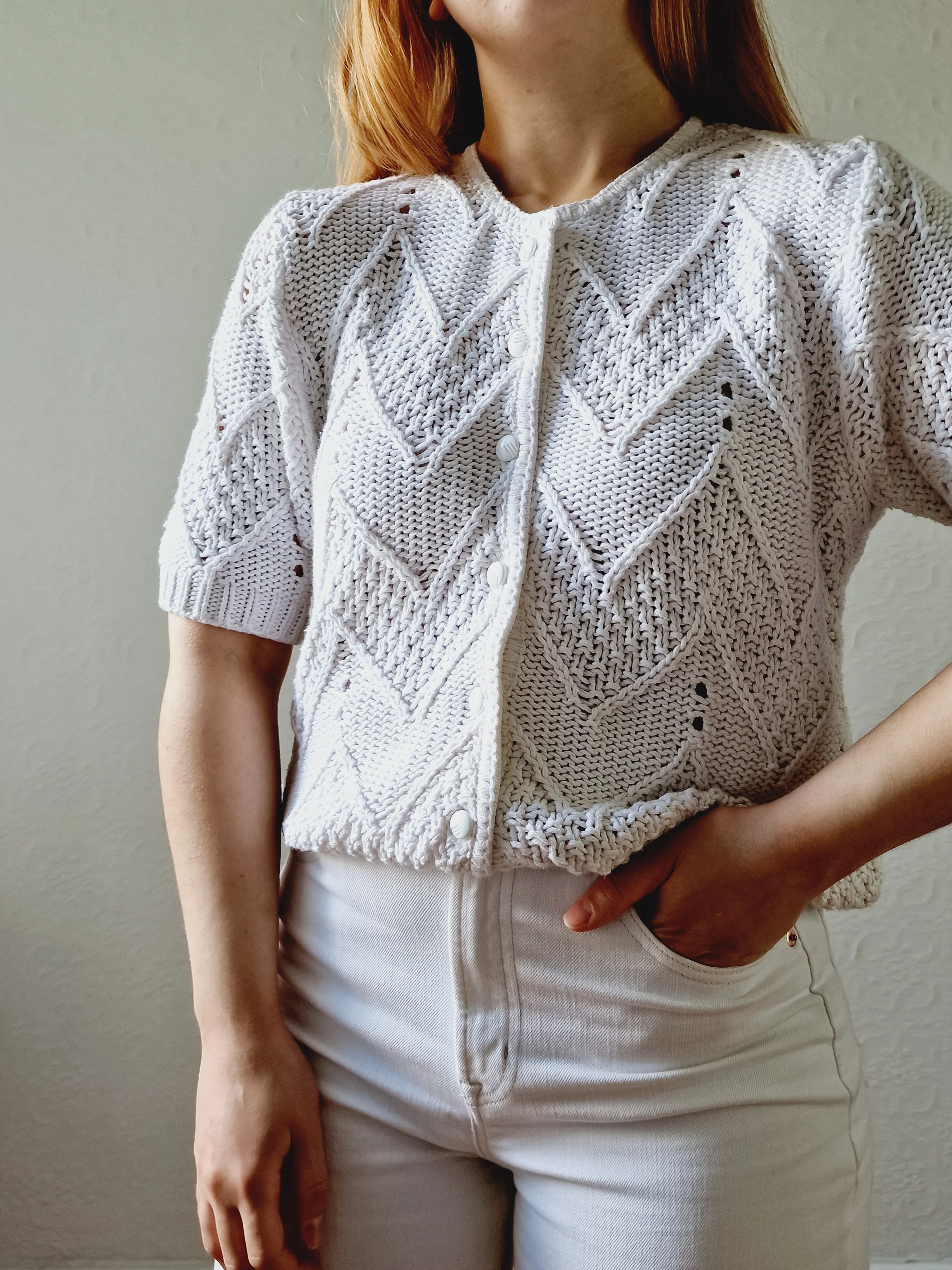 Vintage White Cotton Knitted Cardigan with Short Sleeves - M - Image 5