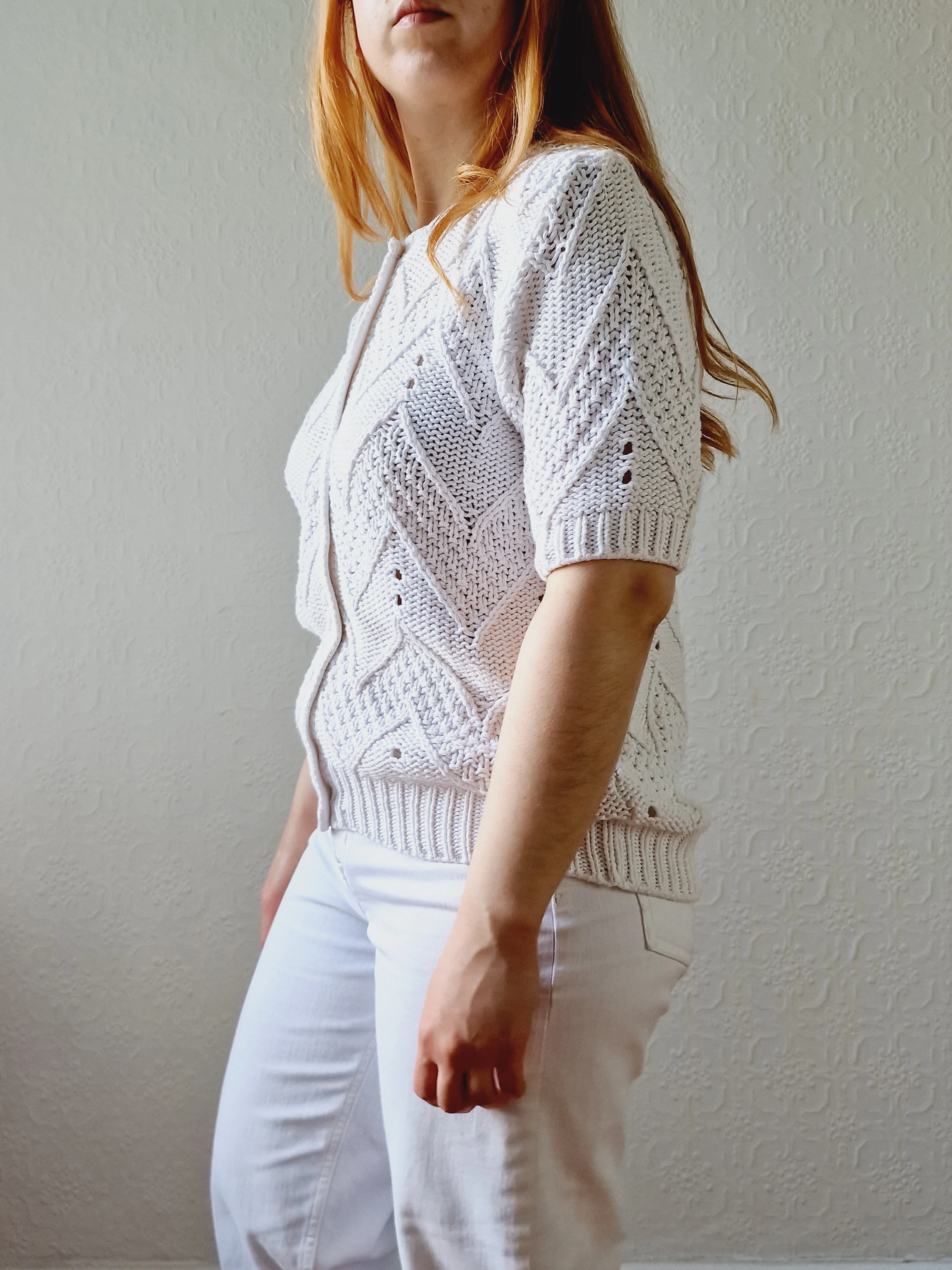 Vintage White Cotton Knitted Cardigan with Short Sleeves - M - Image 6
