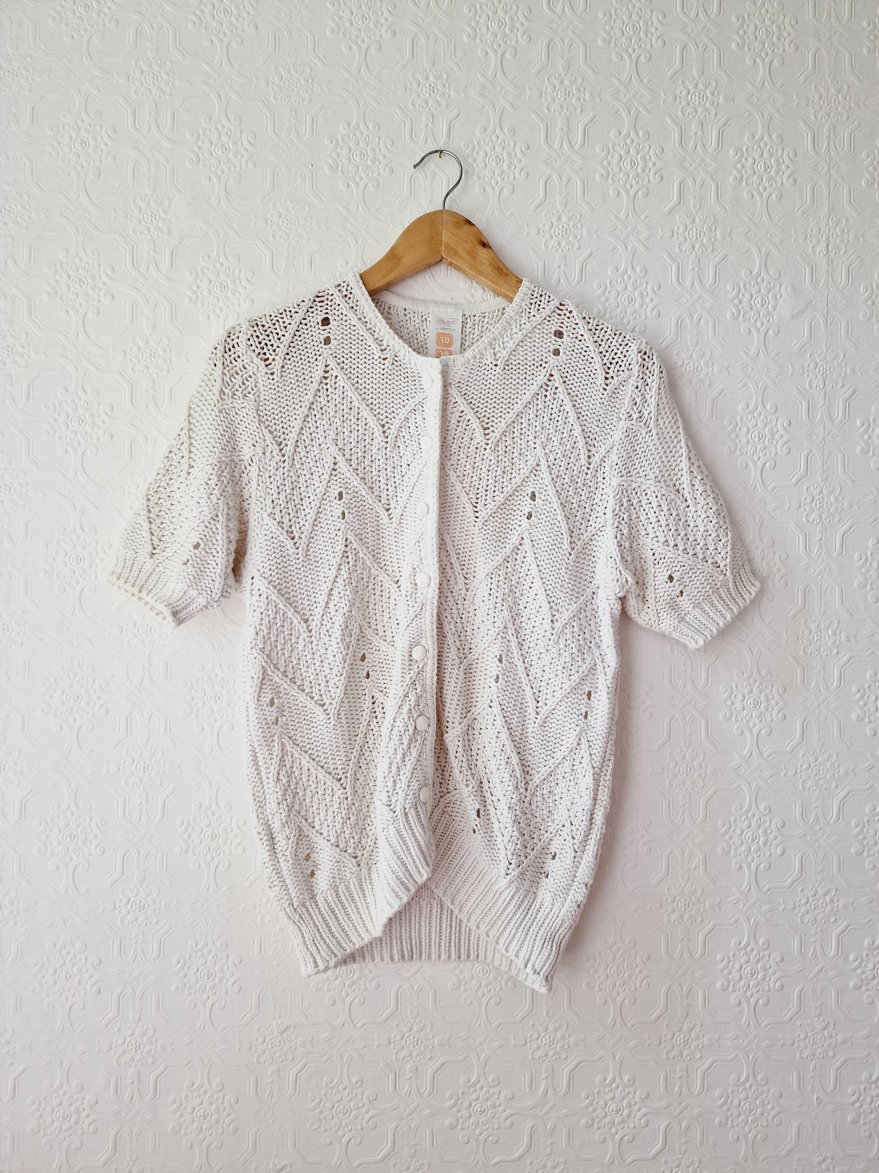 Vintage White Cotton Knitted Cardigan with Short Sleeves - M - Image 7