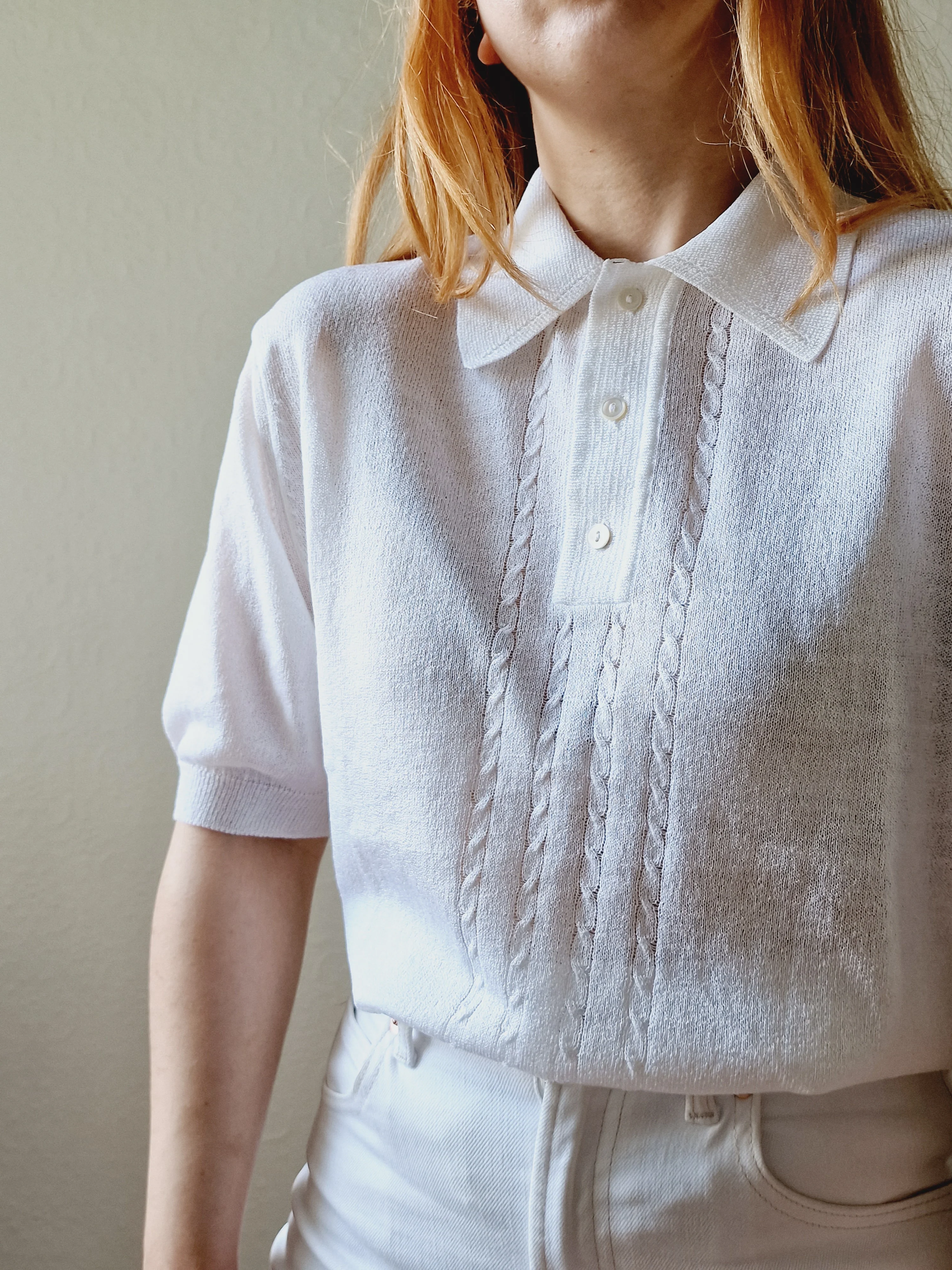 Vintage White Polo Style Short Sleeve Knit Top with Collared Neck - M - Image 2