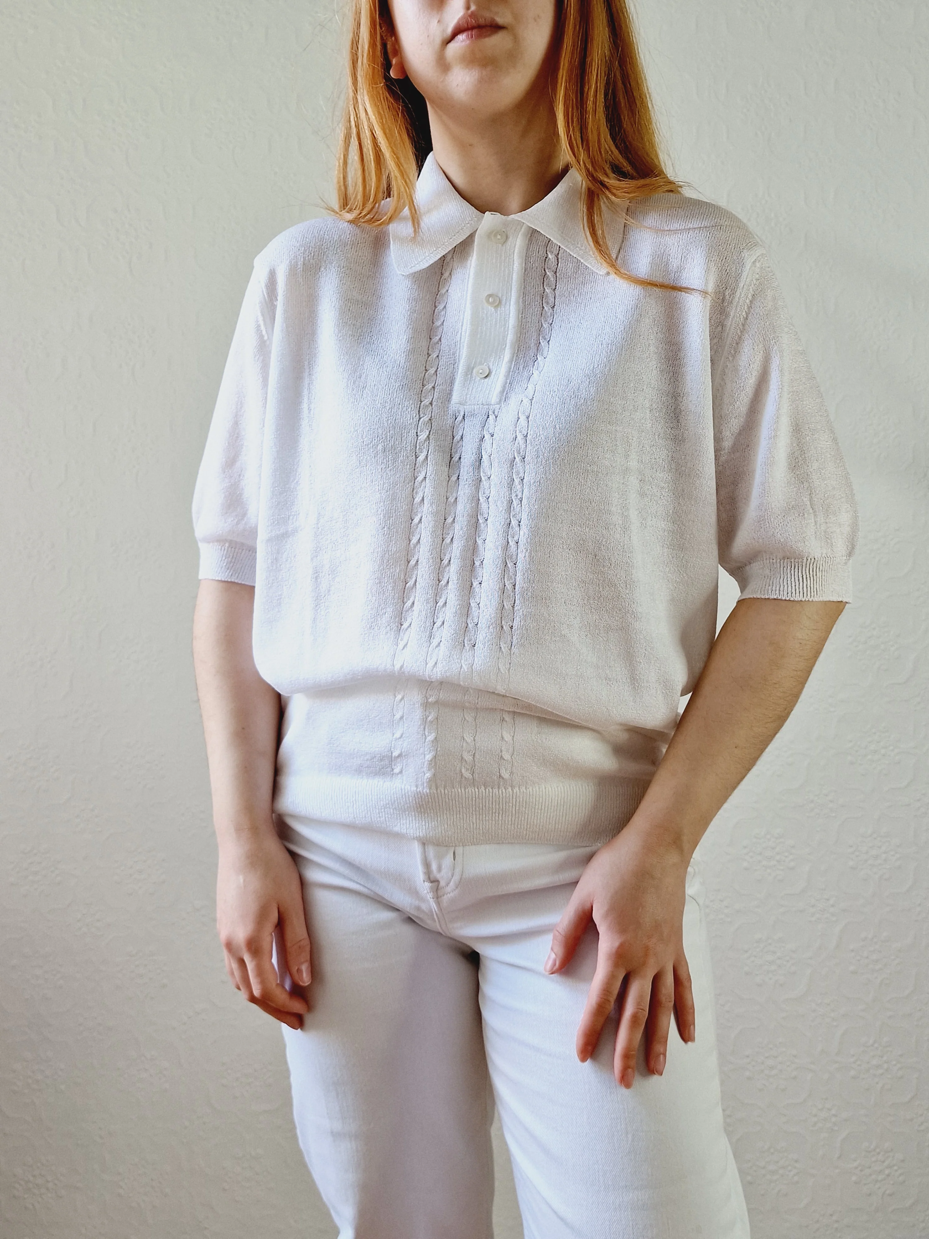 Vintage White Polo Style Short Sleeve Knit Top with Collared Neck - M - Image 3