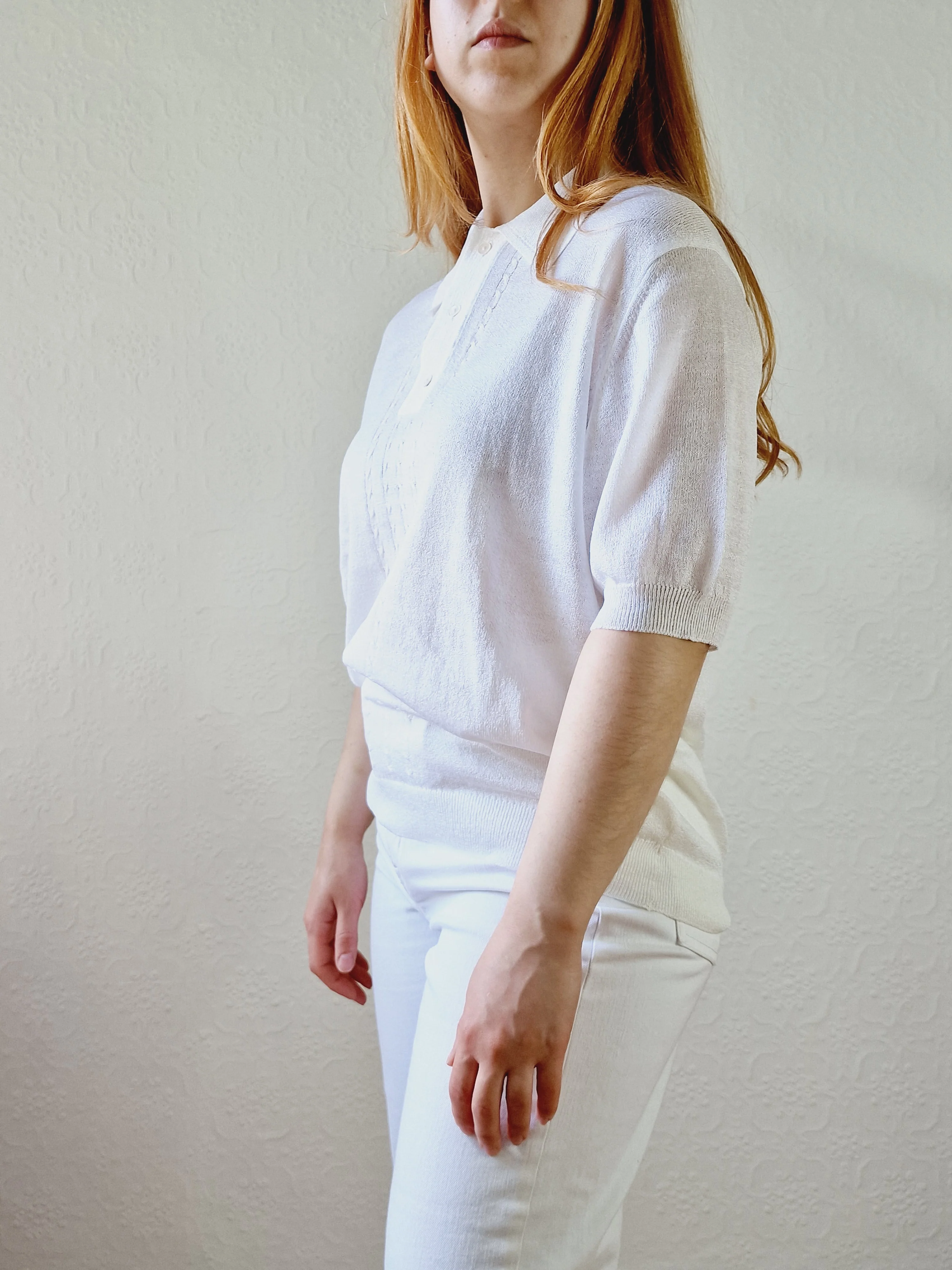 Vintage White Polo Style Short Sleeve Knit Top with Collared Neck - M - Image 4