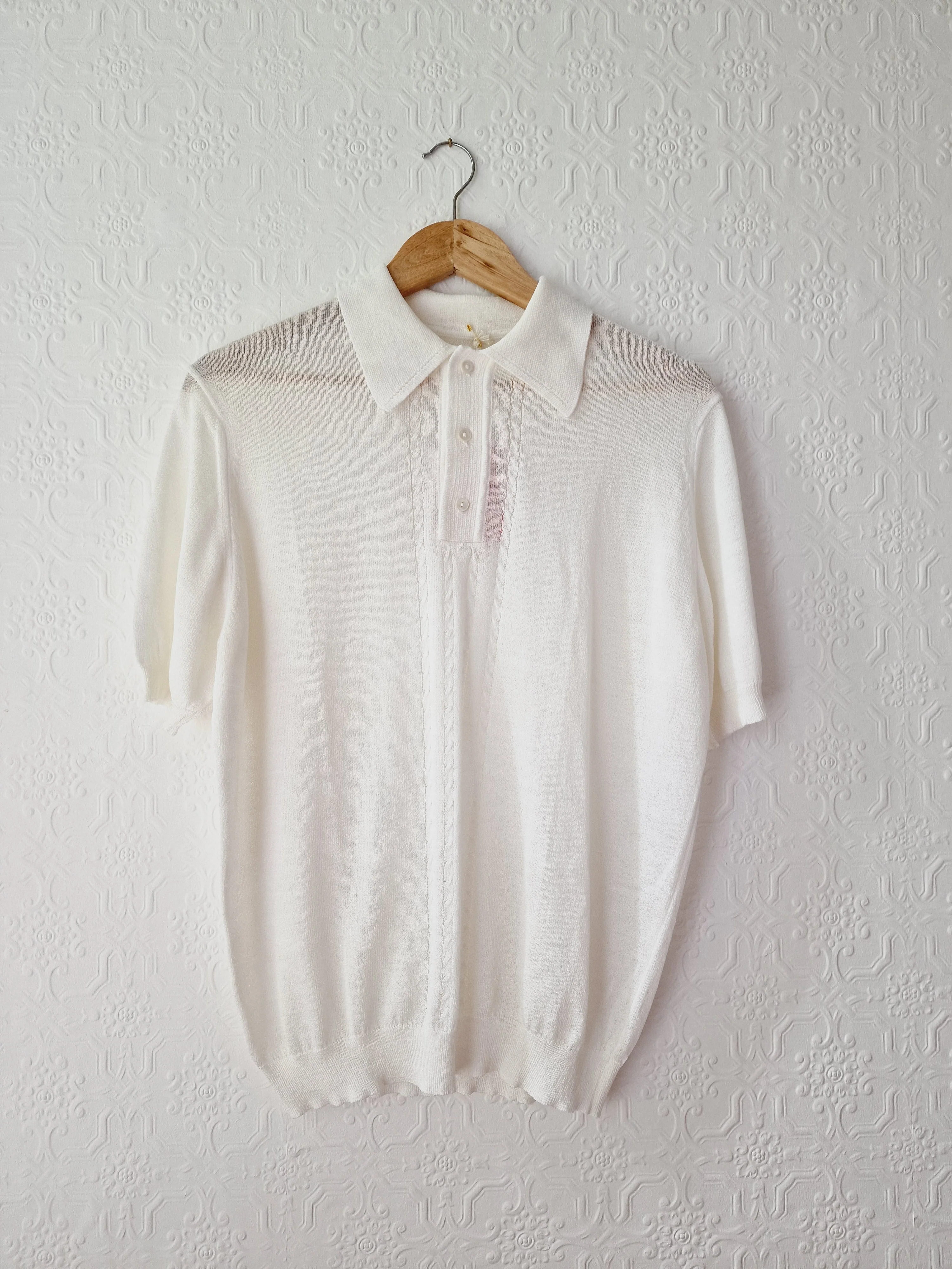 Vintage White Polo Style Short Sleeve Knit Top with Collared Neck - M - Image 7
