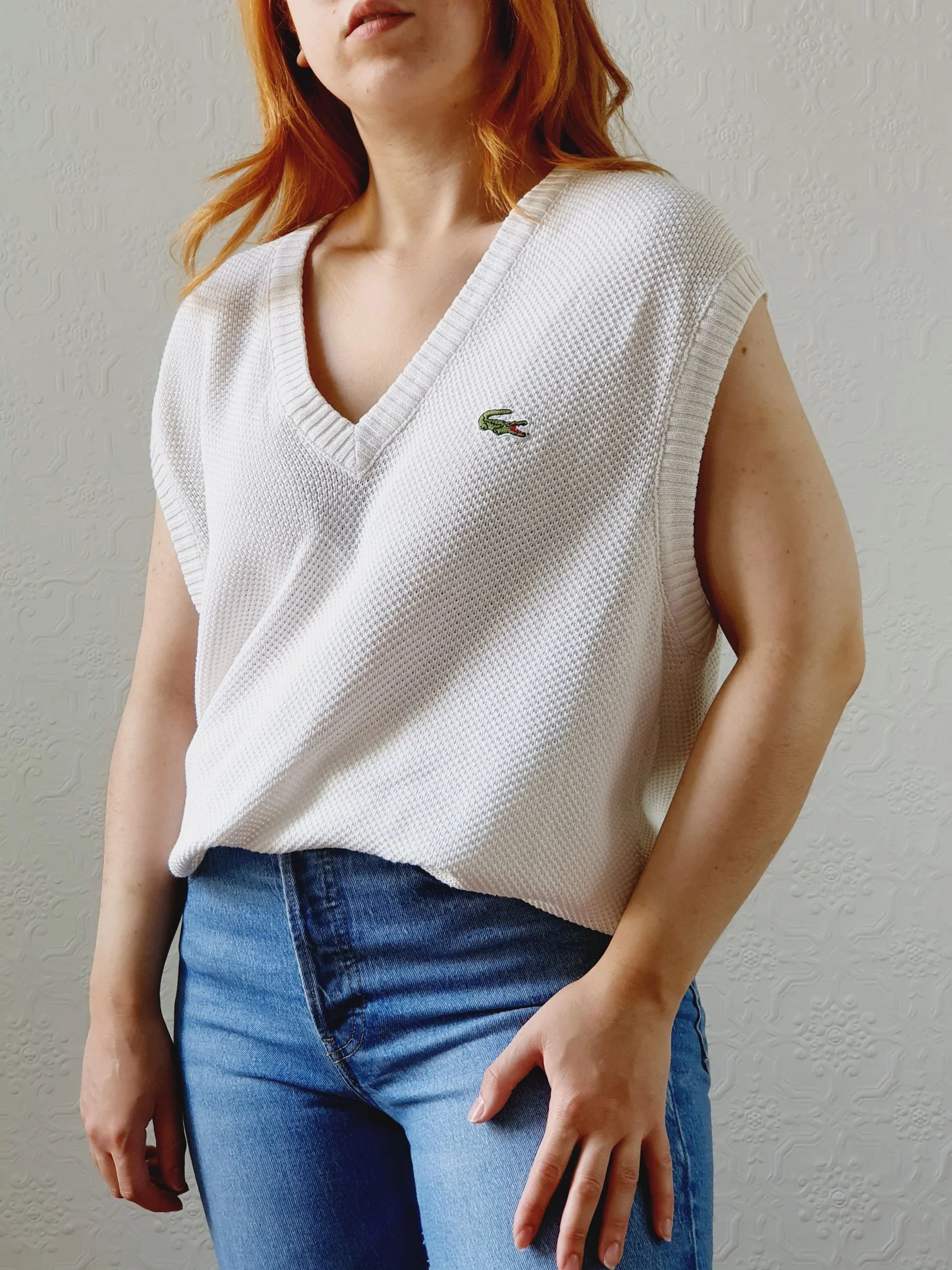 Vintage White V-Neck Vest by Lacoste - L