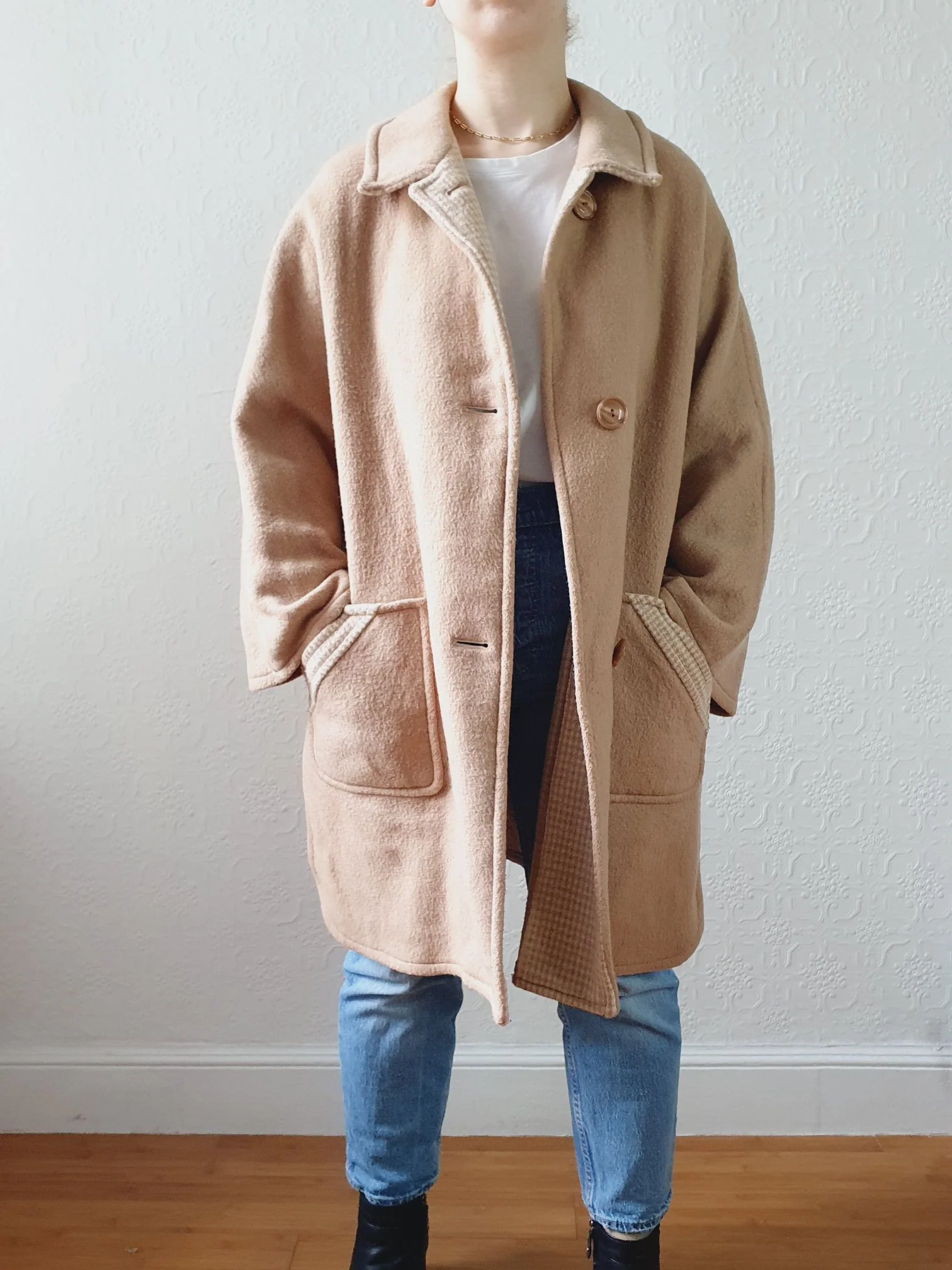 Vintage Wool Blend Lightweight Short Camel Coat with - M