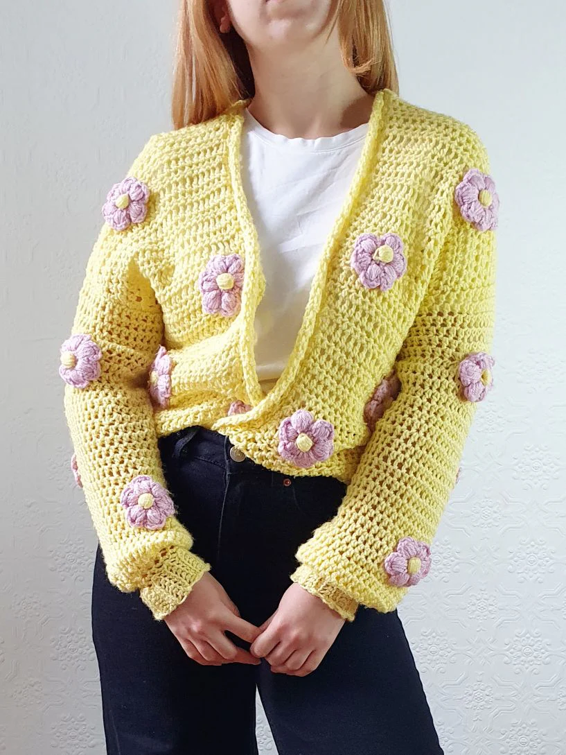 Vintage Wool Chrochet Yellow Open Cardigan with Lilac Flowers - S/M