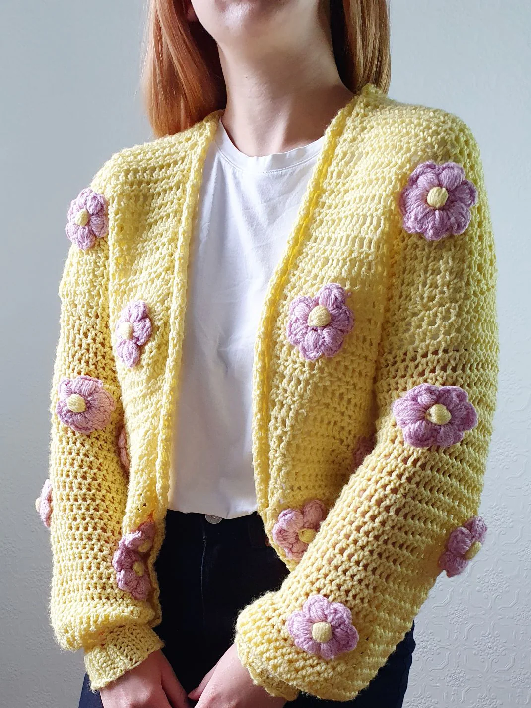 Vintage Wool Chrochet Yellow Open Cardigan with Lilac Flowers - S/M - Image 10