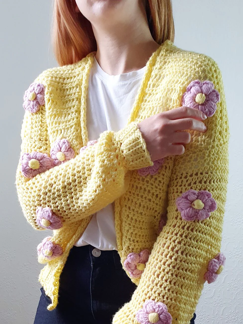 Vintage Wool Chrochet Yellow Open Cardigan with Lilac Flowers - S/M - Image 11
