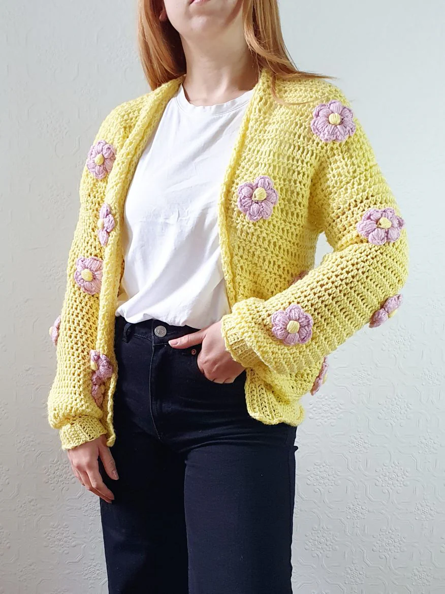 Vintage Wool Chrochet Yellow Open Cardigan with Lilac Flowers - S/M - Image 3
