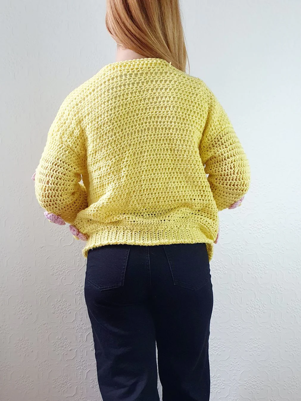 Vintage Wool Chrochet Yellow Open Cardigan with Lilac Flowers - S/M - Image 8