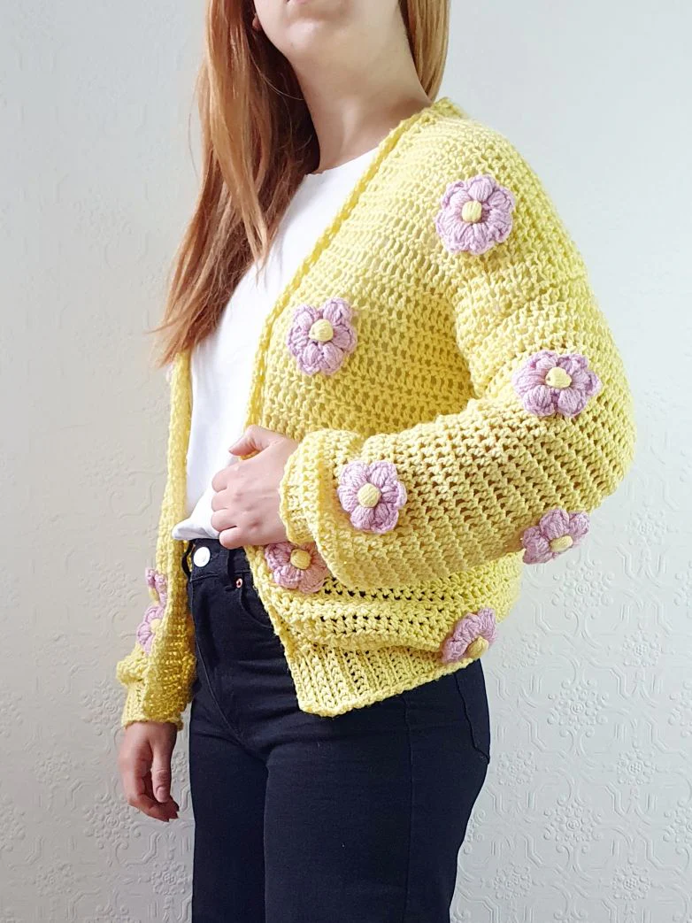 Vintage Wool Chrochet Yellow Open Cardigan with Lilac Flowers - S/M - Image 9