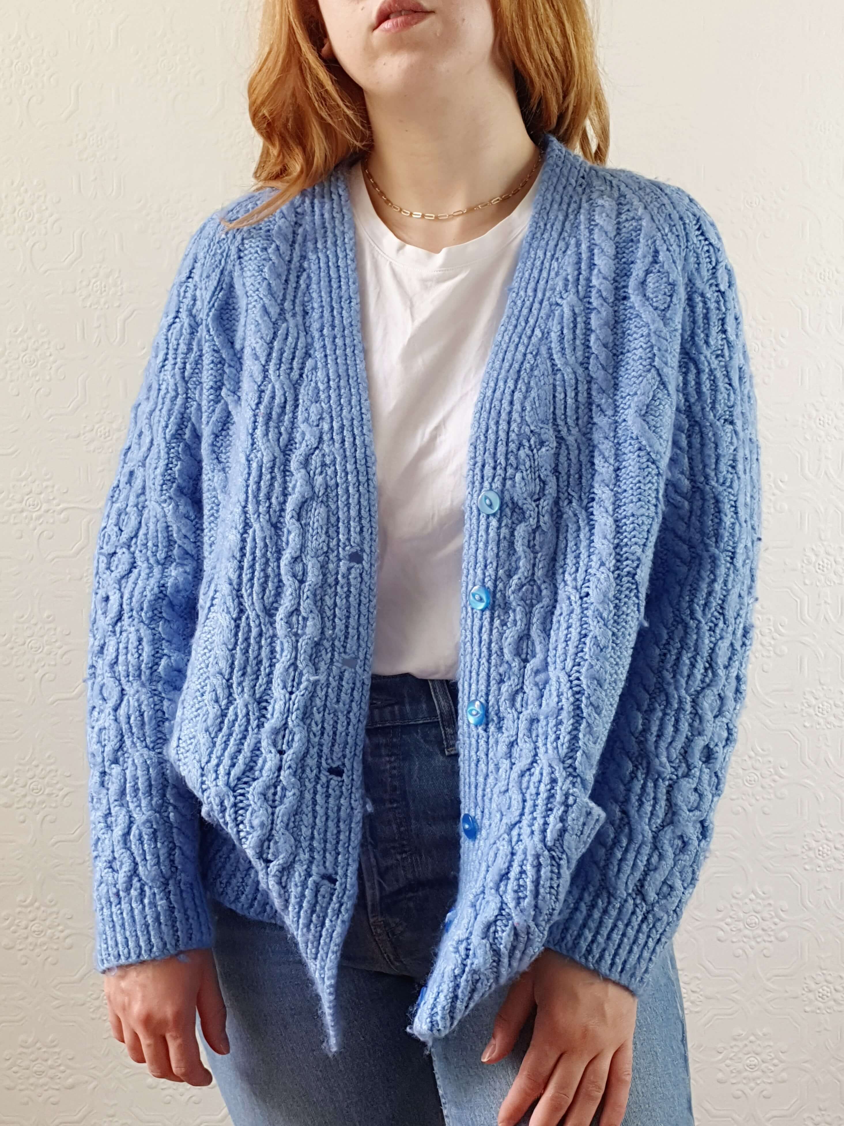 Vintage Wool Handknitted Blue Aran Cardigan - S/M/L