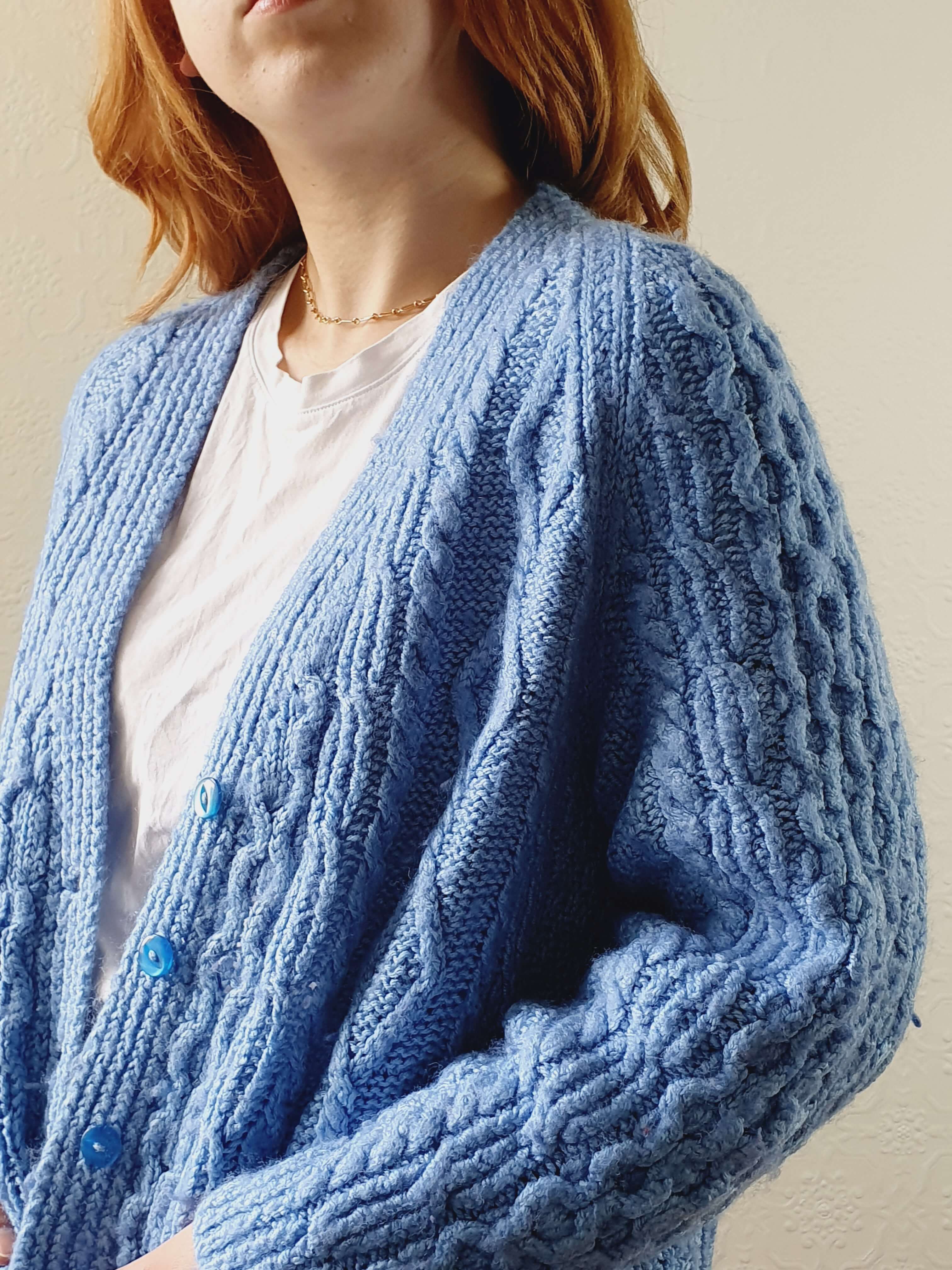 Vintage Wool Handknitted Blue Aran Cardigan - S/M/L - Image 2