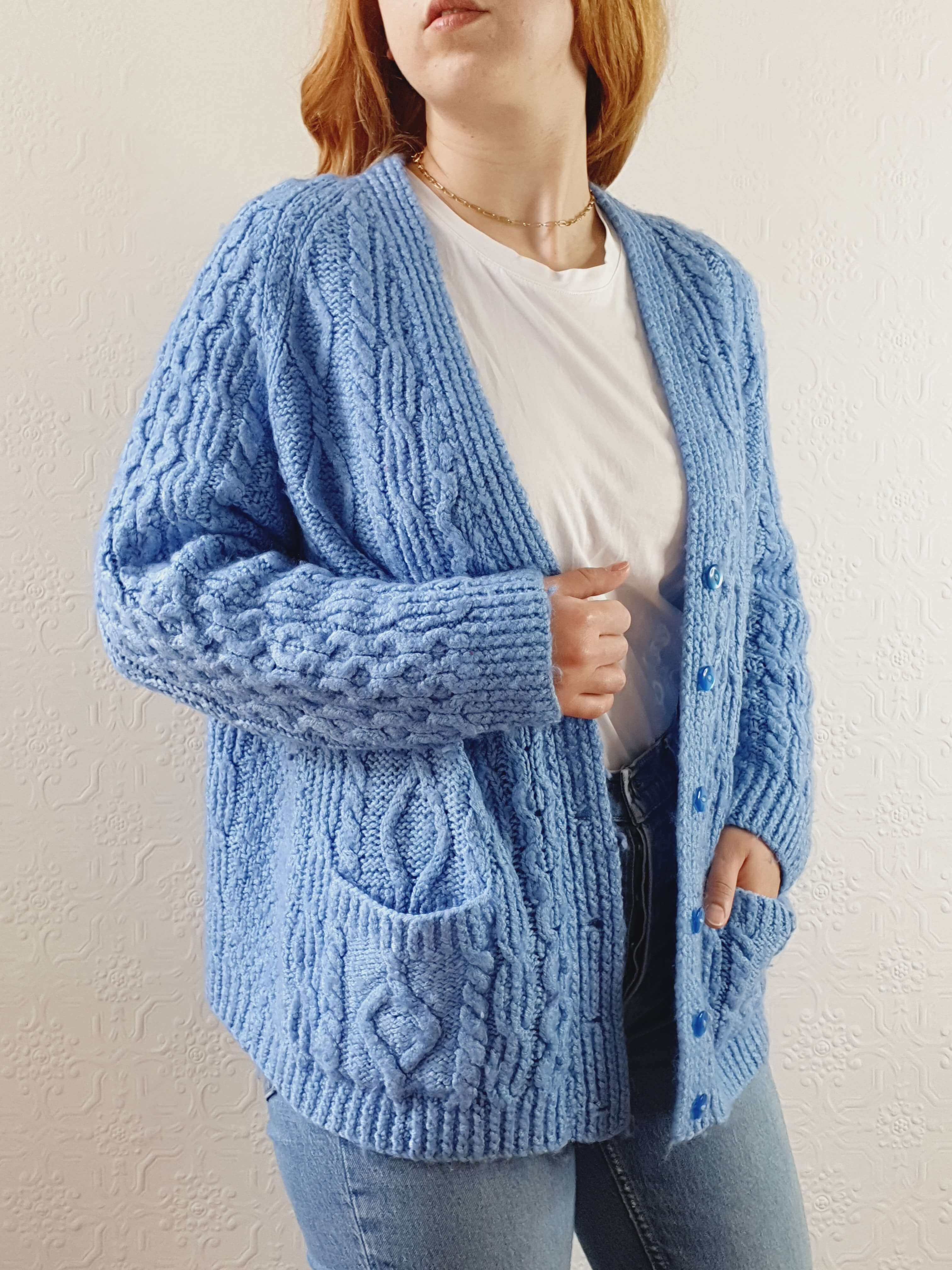 Vintage Wool Handknitted Blue Aran Cardigan - S/M/L - Image 3
