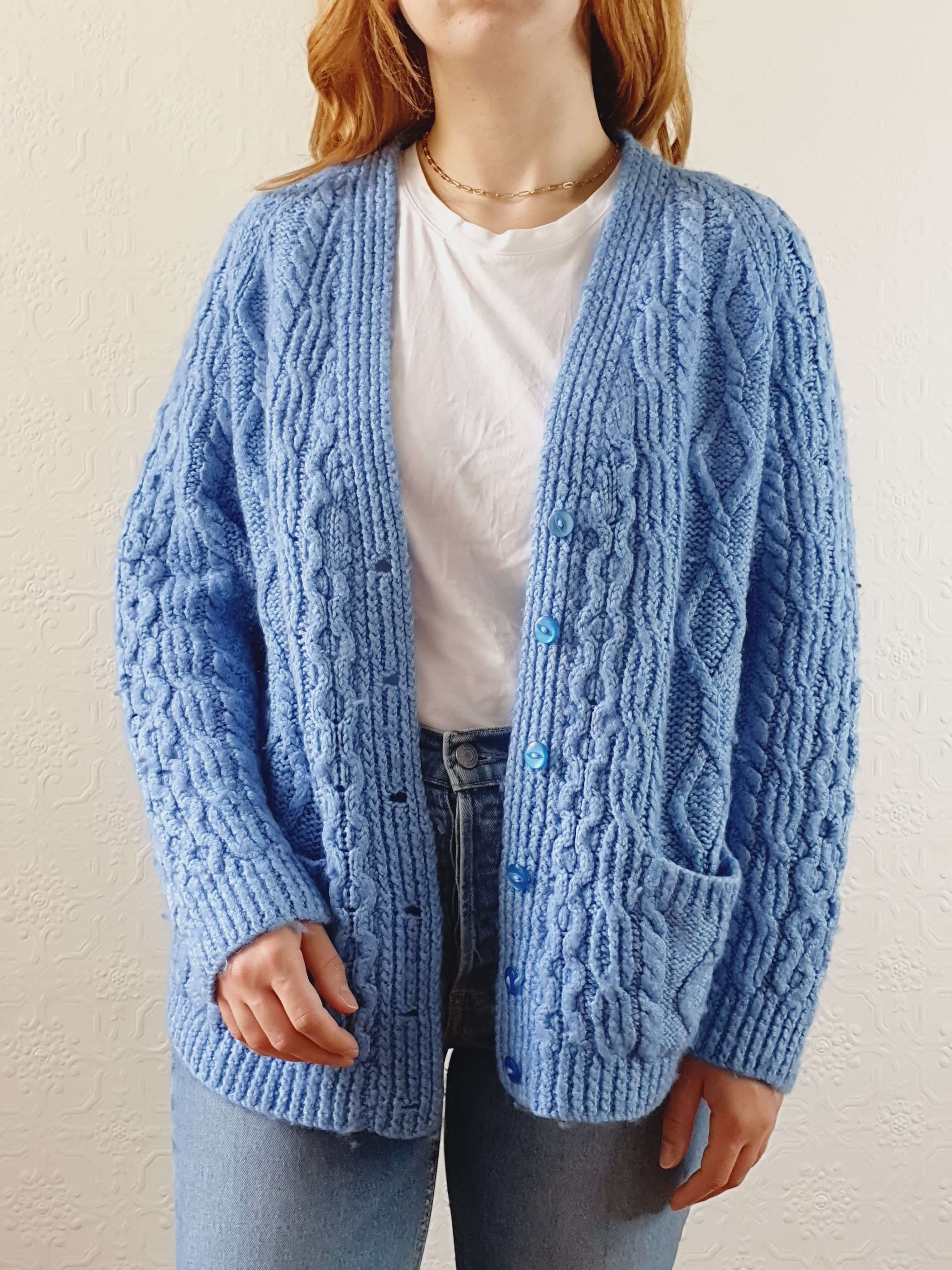 Vintage Wool Handknitted Blue Aran Cardigan - S/M/L - Image 4