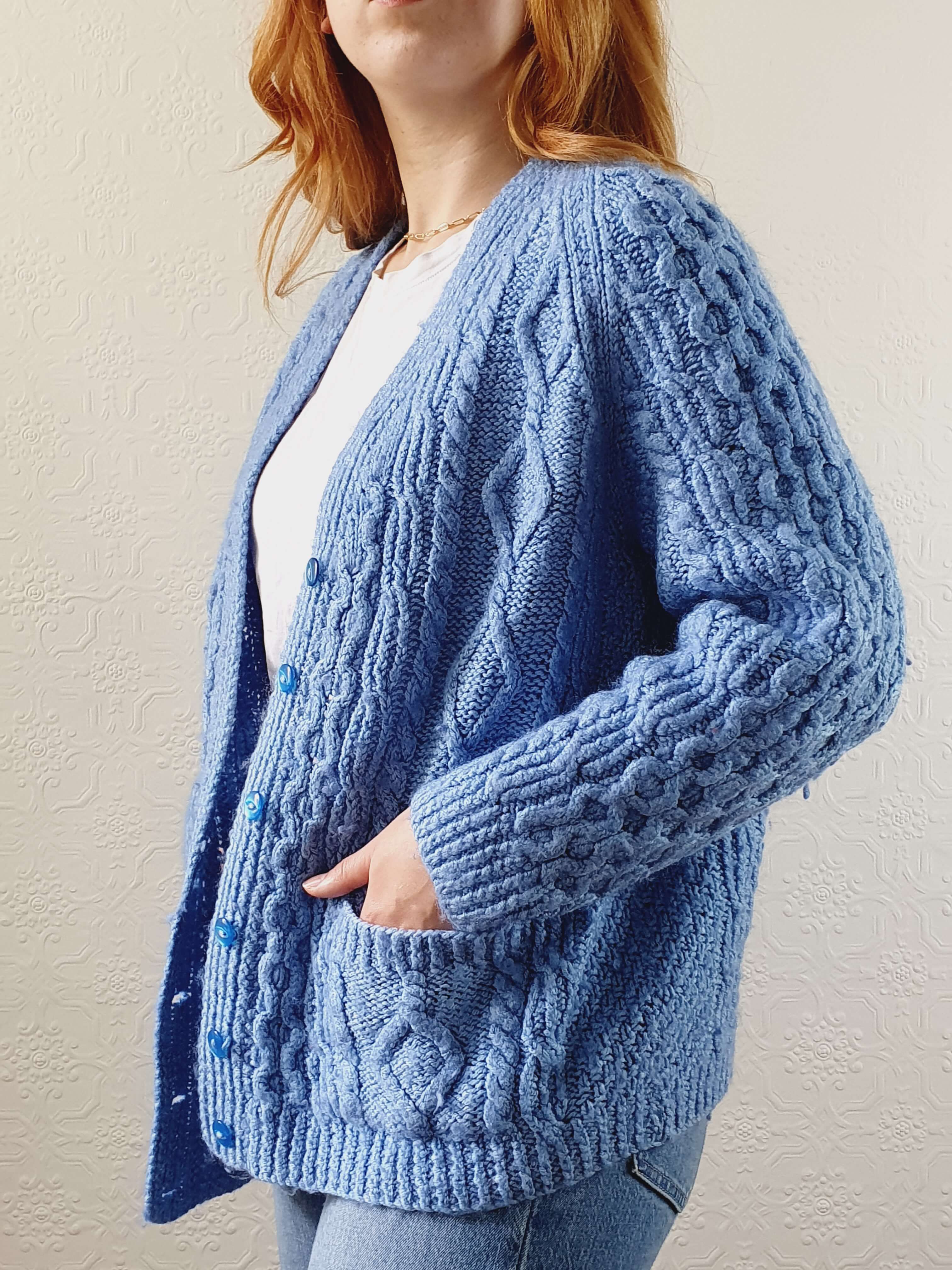 Vintage Wool Handknitted Blue Aran Cardigan - S/M/L - Image 6