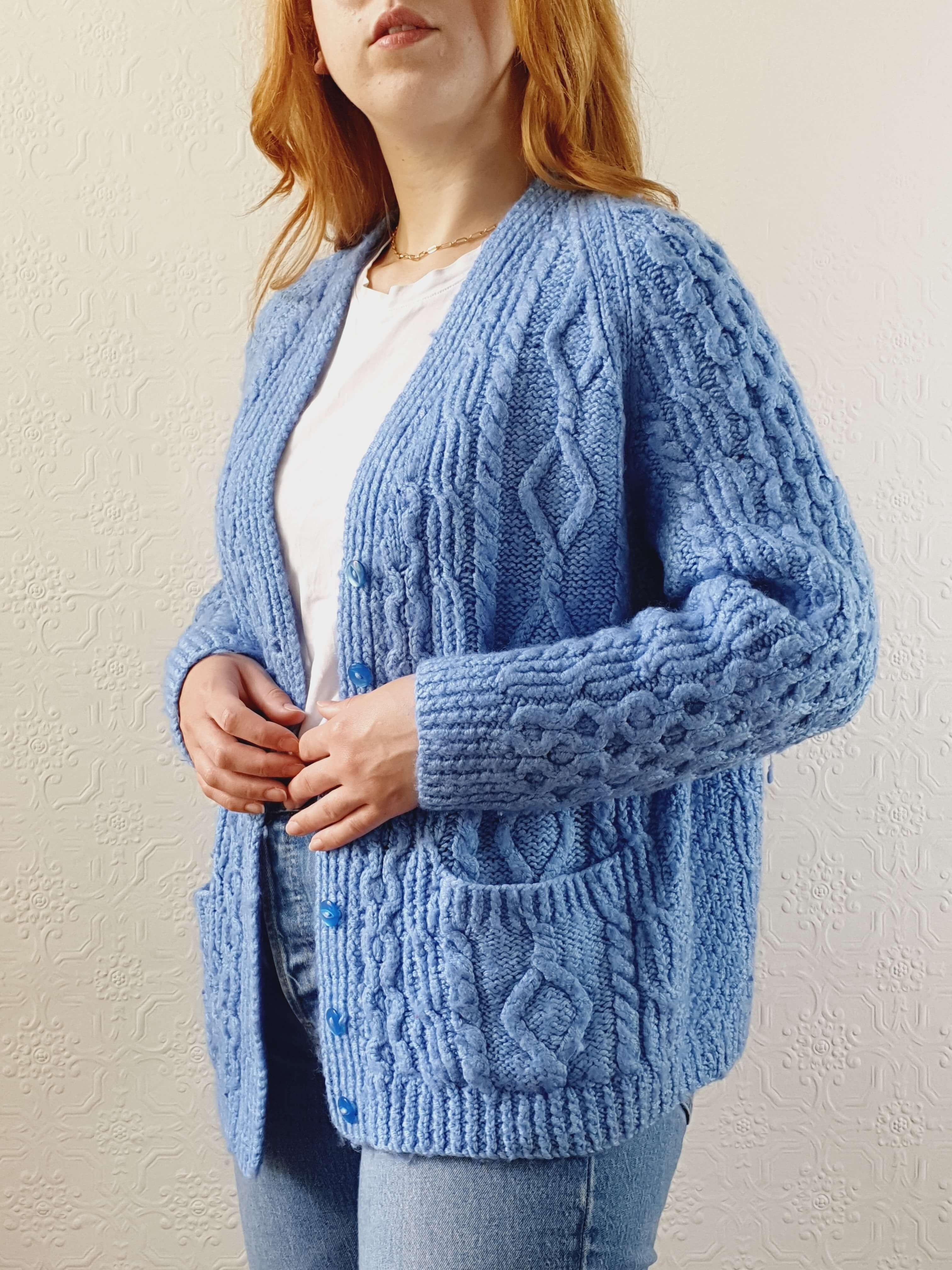 Vintage Wool Handknitted Blue Aran Cardigan - S/M/L - Image 7