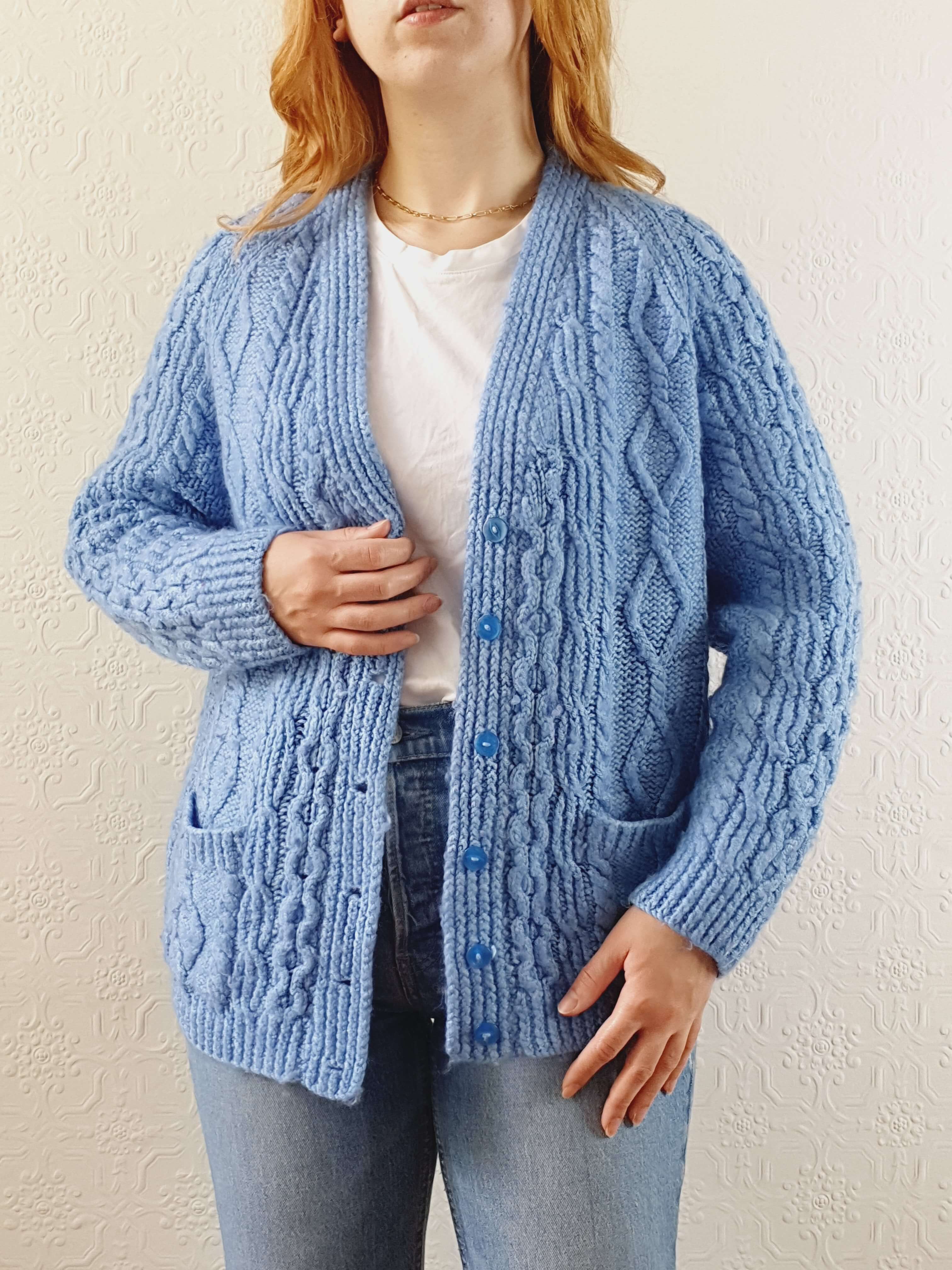 Vintage Wool Handknitted Blue Aran Cardigan - S/M/L - Image 8