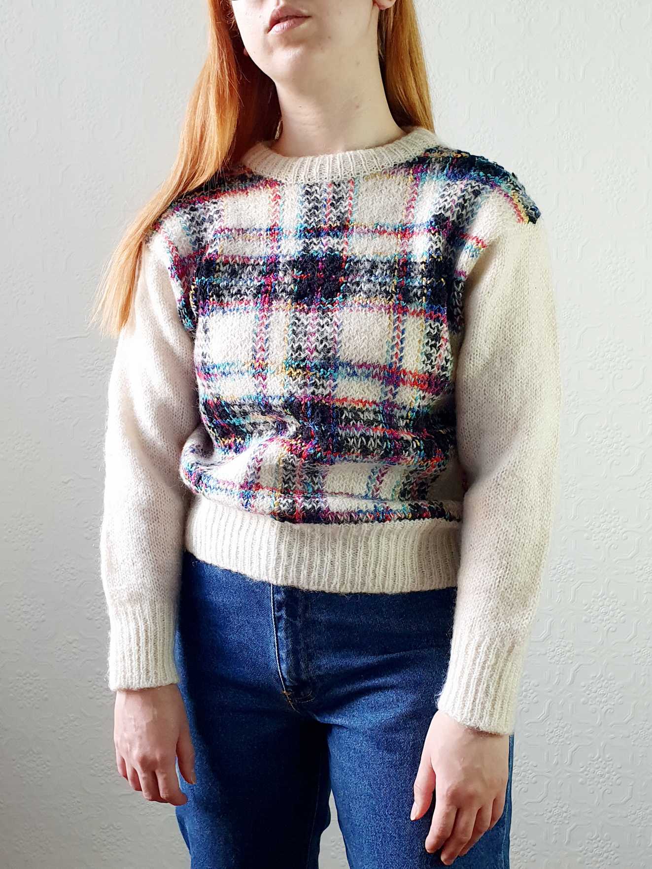 Vintage Wool & Mohair Cream Checked Jumper - S