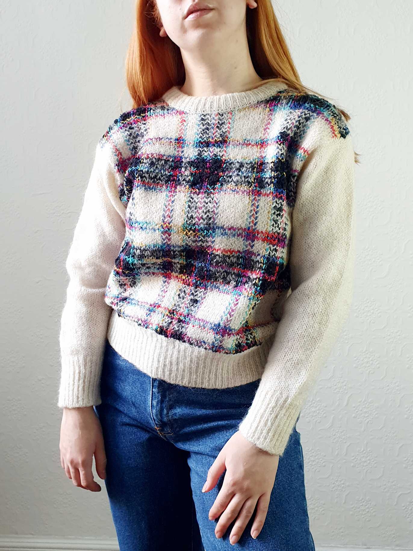 Vintage Wool & Mohair Cream Checked Jumper - S - Image 2