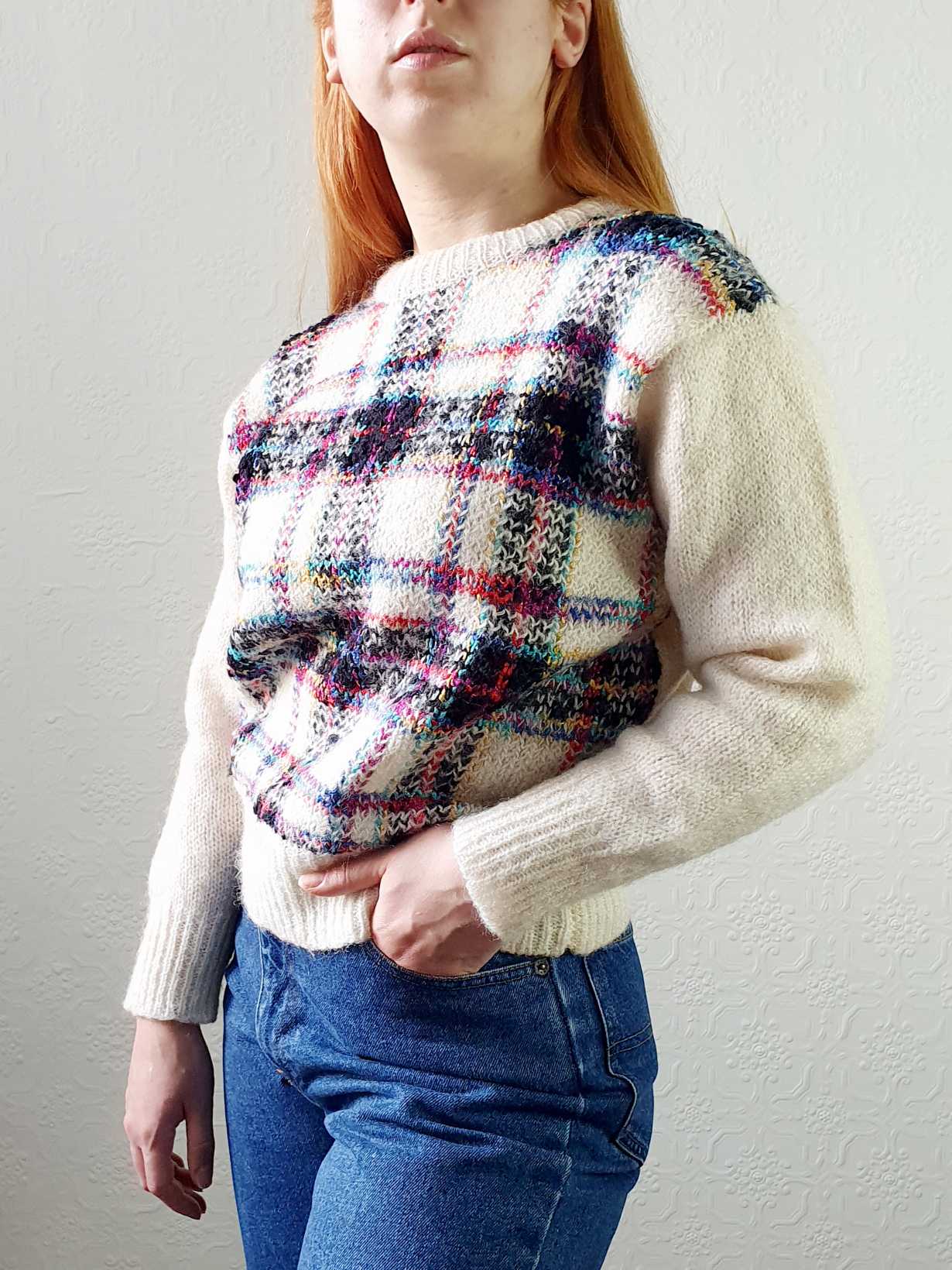 Vintage Wool & Mohair Cream Checked Jumper - S - Image 3