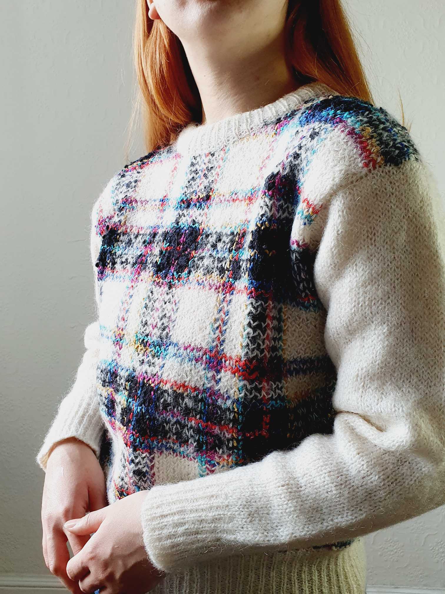 Vintage Wool & Mohair Cream Checked Jumper - S - Image 4