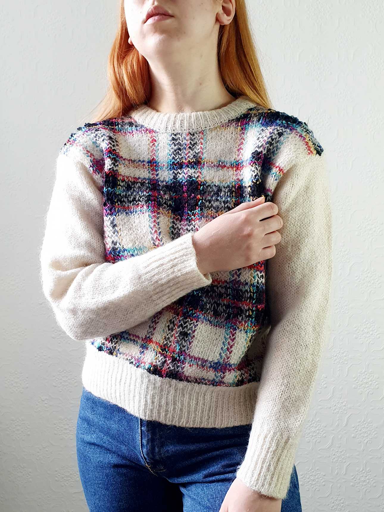 Vintage Wool & Mohair Cream Checked Jumper - S - Image 5